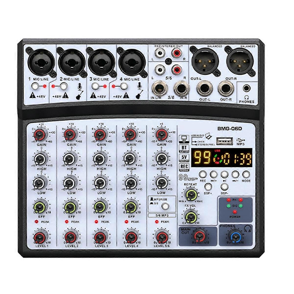 6 Channel Audio Mixer Portable Mixing Console USB Interface Sound Card with 99- 48V Phantom Power EU Plug