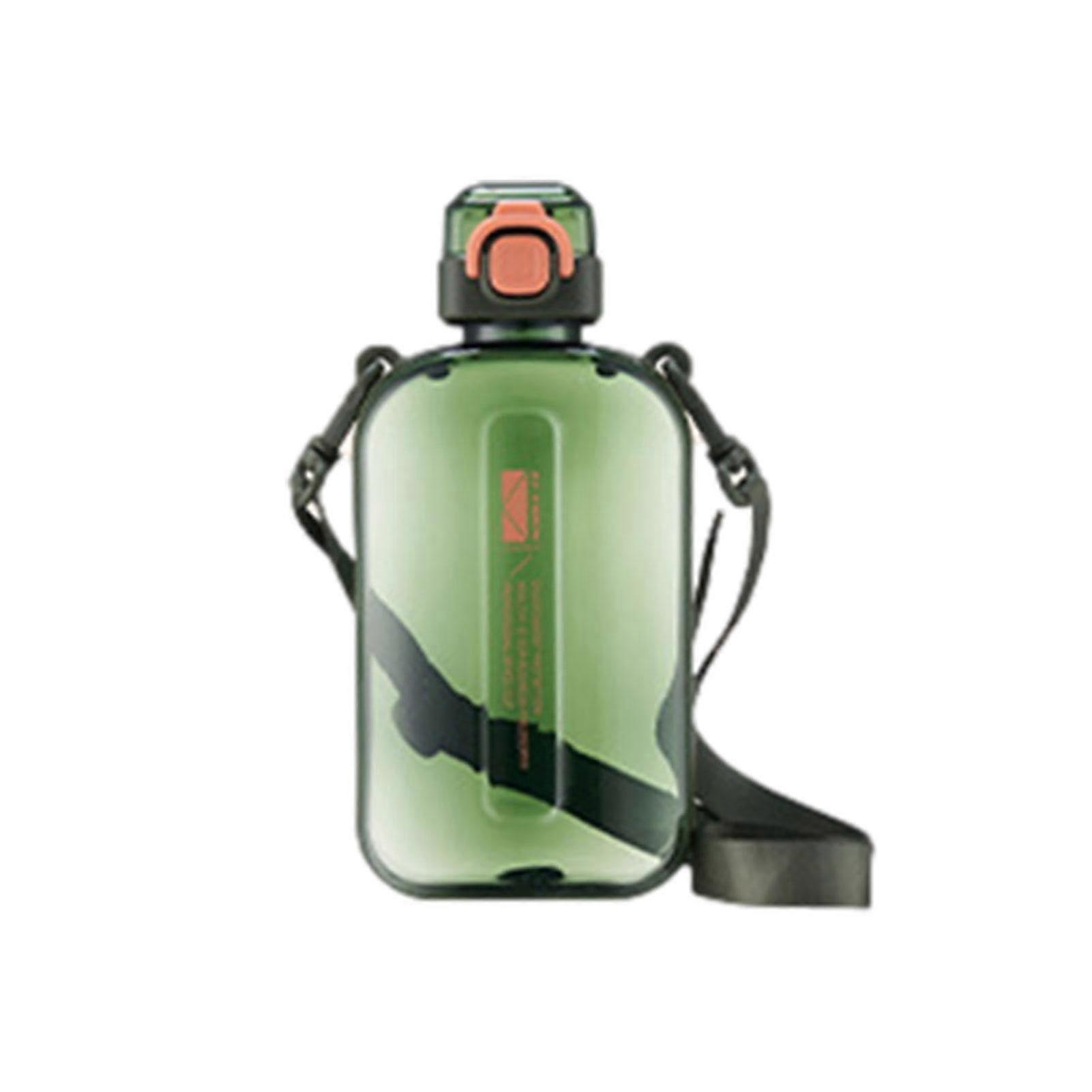 Flat water bottle with shoulder strap, reusable, transparent, 750 ml, green