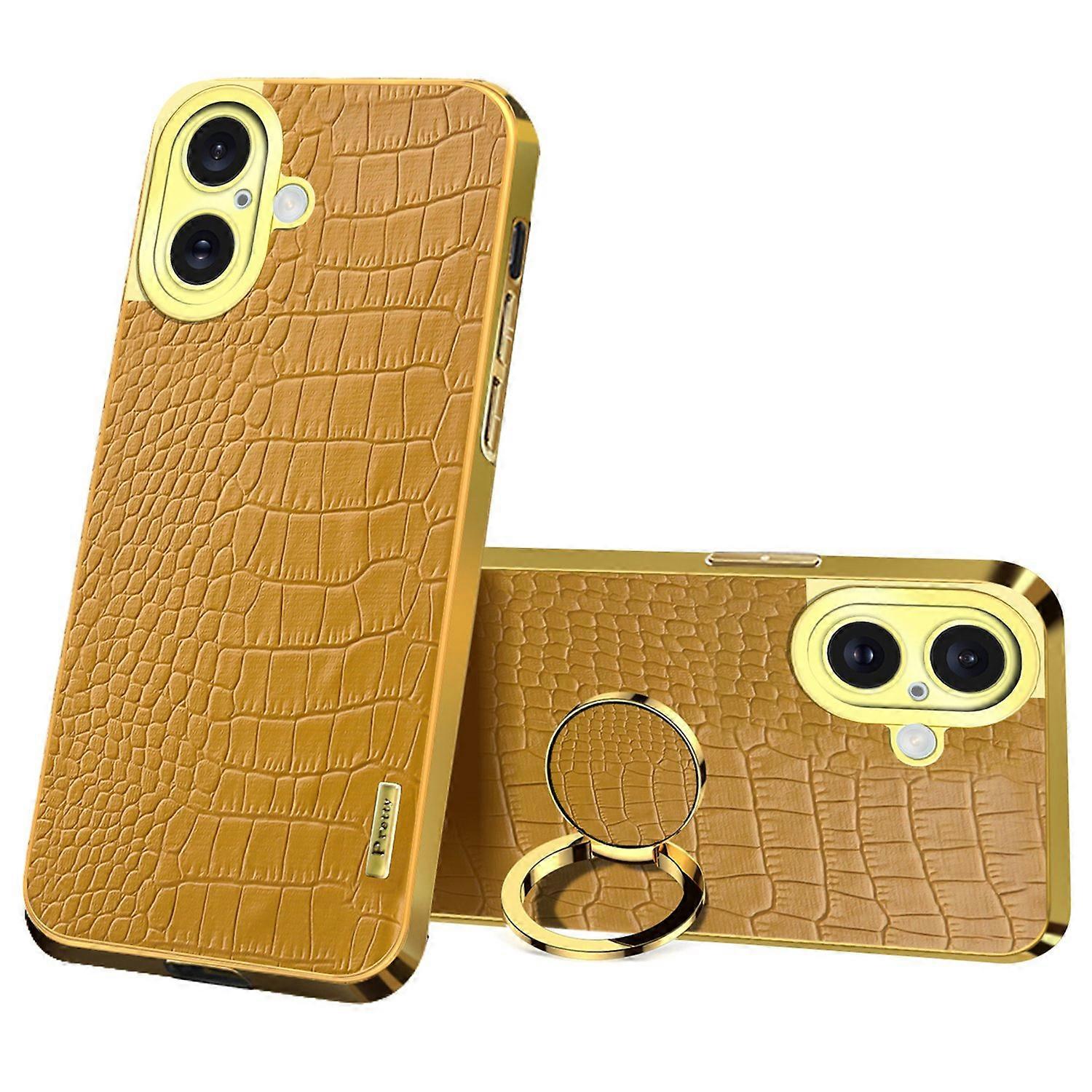 For iPhone 16 Plus Case Crocodile Texture Ring Kickstand TPU+Leather Electroplating Phone Cover