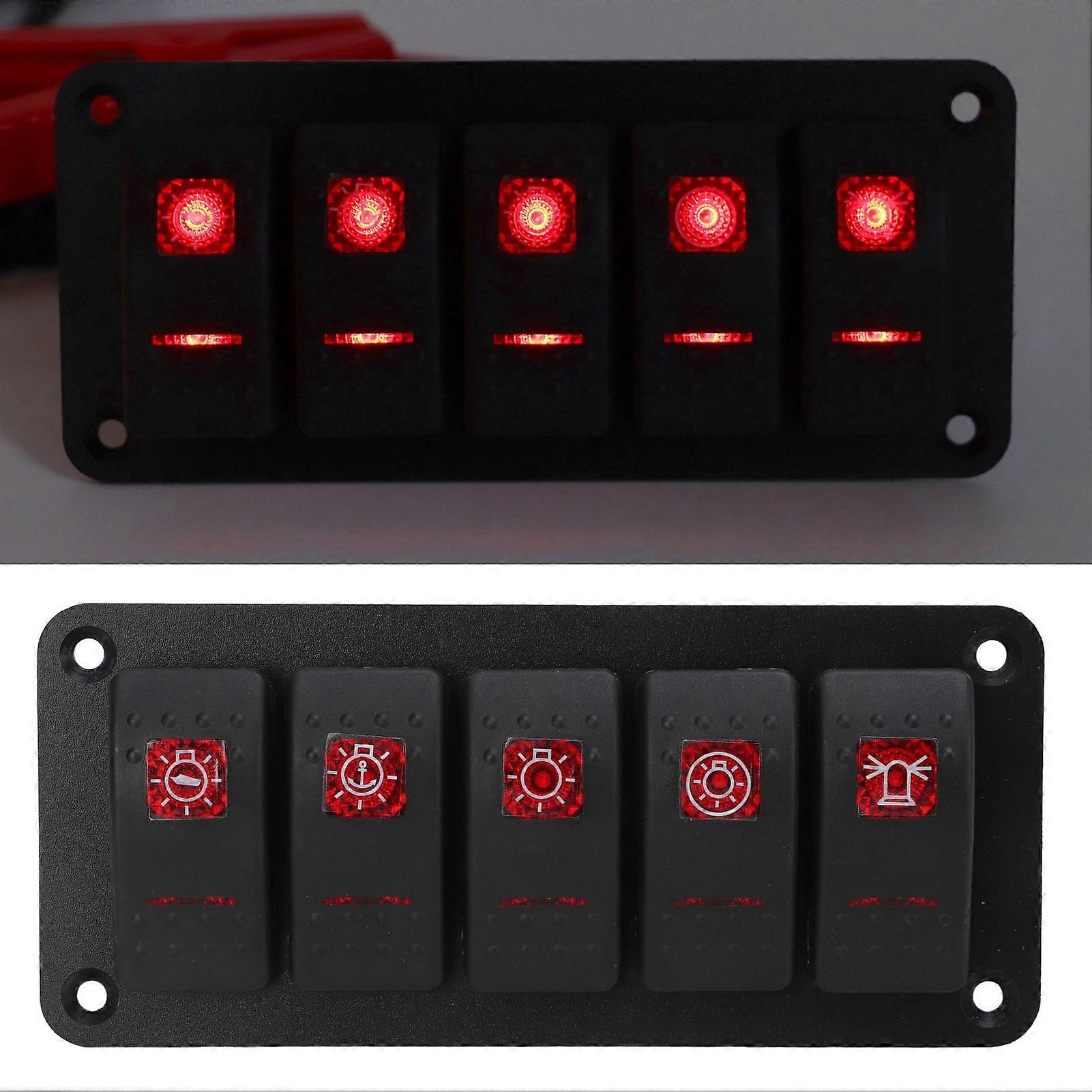 Switch Panel 5 Gang LED Waterproof Rocker Switch with Sticker for Boat RV 12V 24V DC 