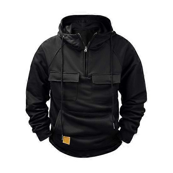 Fall Spring Men Hoodie Half Zipper Drawstring Long Sleeves Multi Pockets Pure Color Elastic Cuff Hem