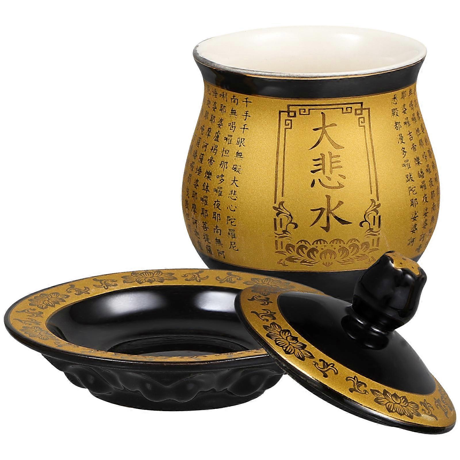 Retro Elegant Ceramic Cup with Engraved Lotus Patterns for Kitchen Use and Buddhist Rituals 3.5 Inches