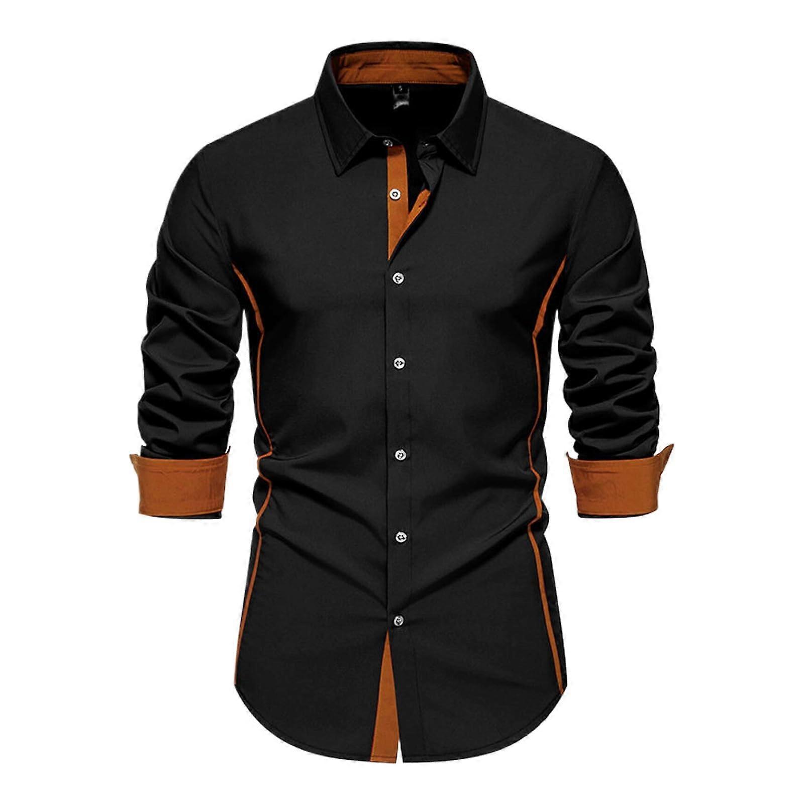 Men's Long Sleeve Linen Shirt with StandUp Collar and Chest Pocket, Casual Cotton Regular Fit Plain Business Shirt, Beach Shirt, Black, Size M