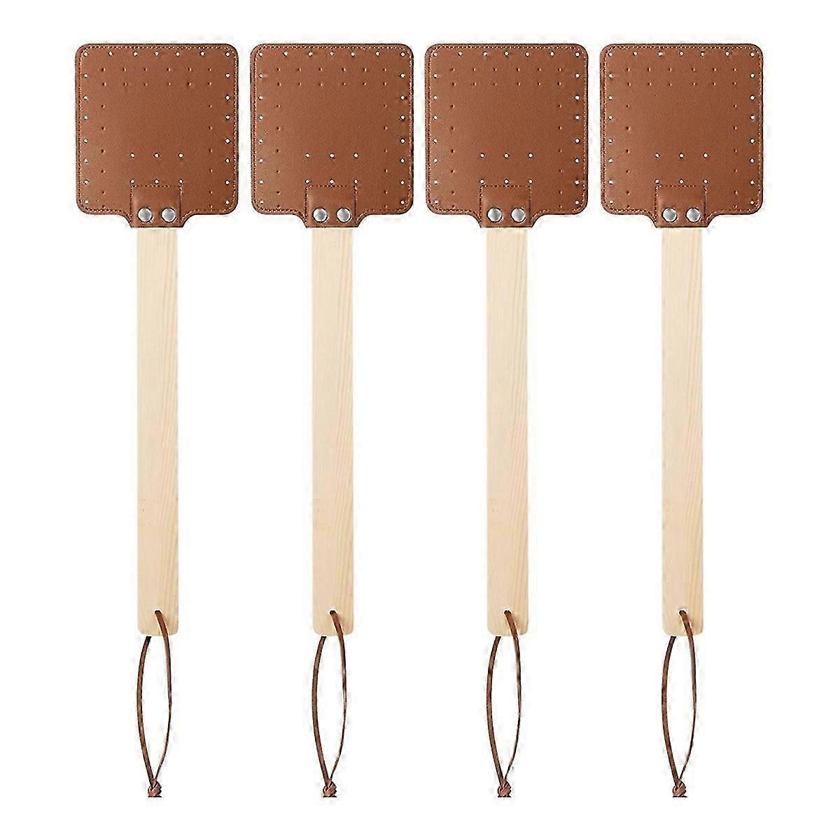 4 Pieces 17.3 Inch Fly Swatter Leather Fly Swatter Long Fly Swatter Manual Fly Swatter Wood Handle B