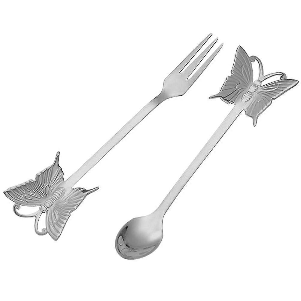 1 Set of Dessert Tasting Tableware Stainless Steel Spoon Fork Set Butterfly Pattern Cutlery