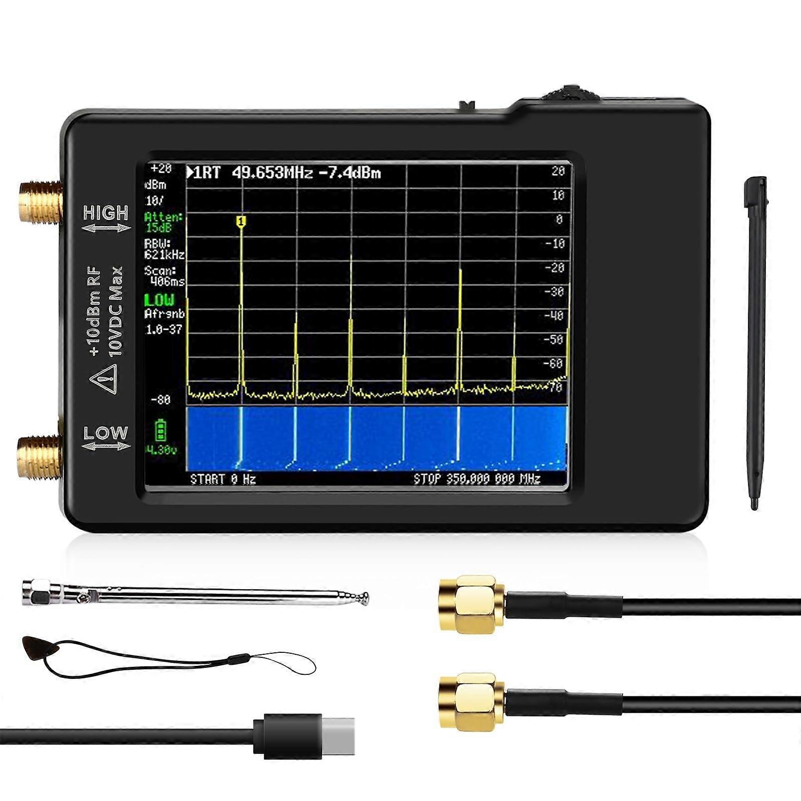 Spectrum analyzer, spectrum analyzer MF/HF/VHF UHF input for 0.1 MHz–350 MHz and UHF input for 240 MHz–960 MHz signal generator.