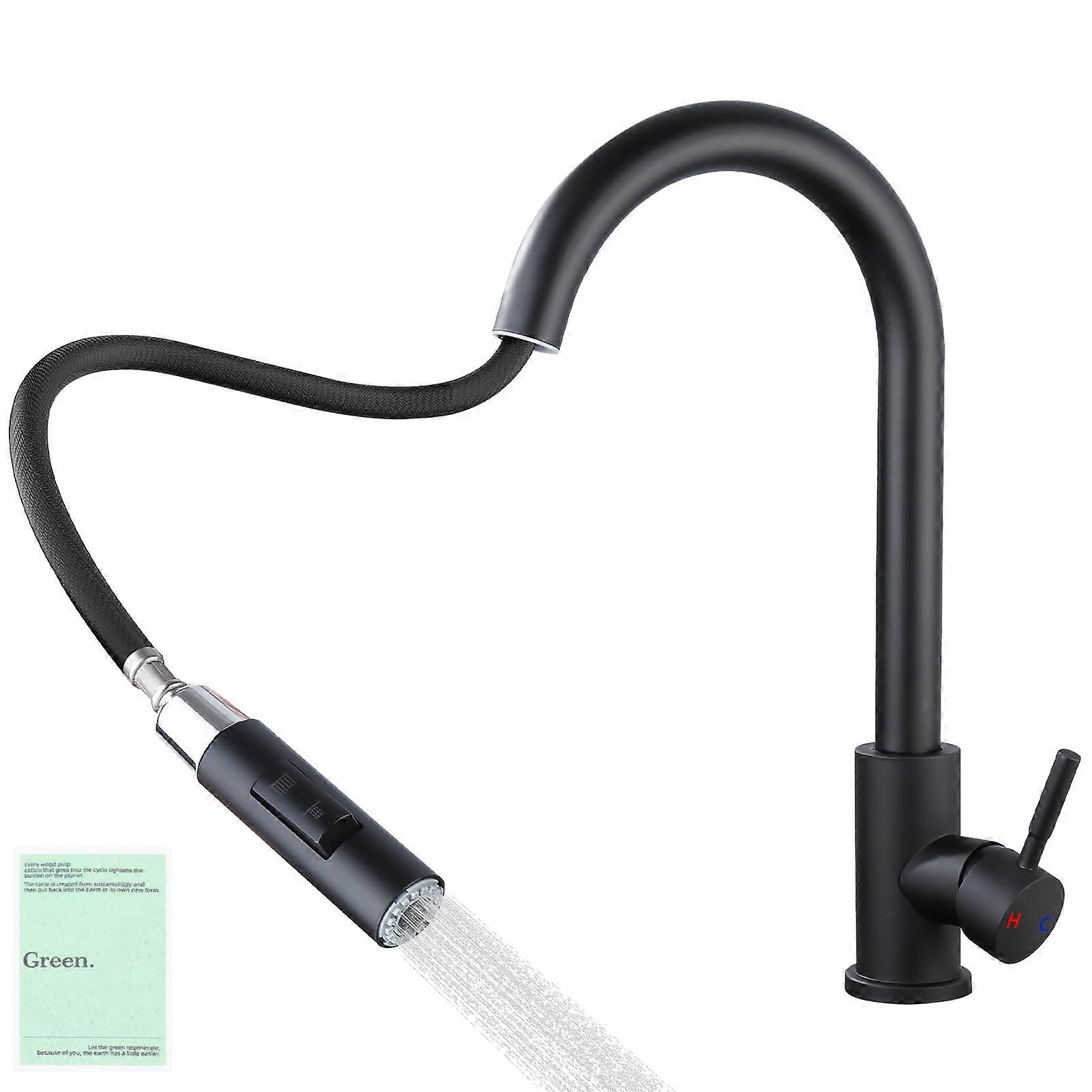 Kitchen Tap, Black, Extendable, 360° Swivel, Removable Foam Core, Two Water Jet Types