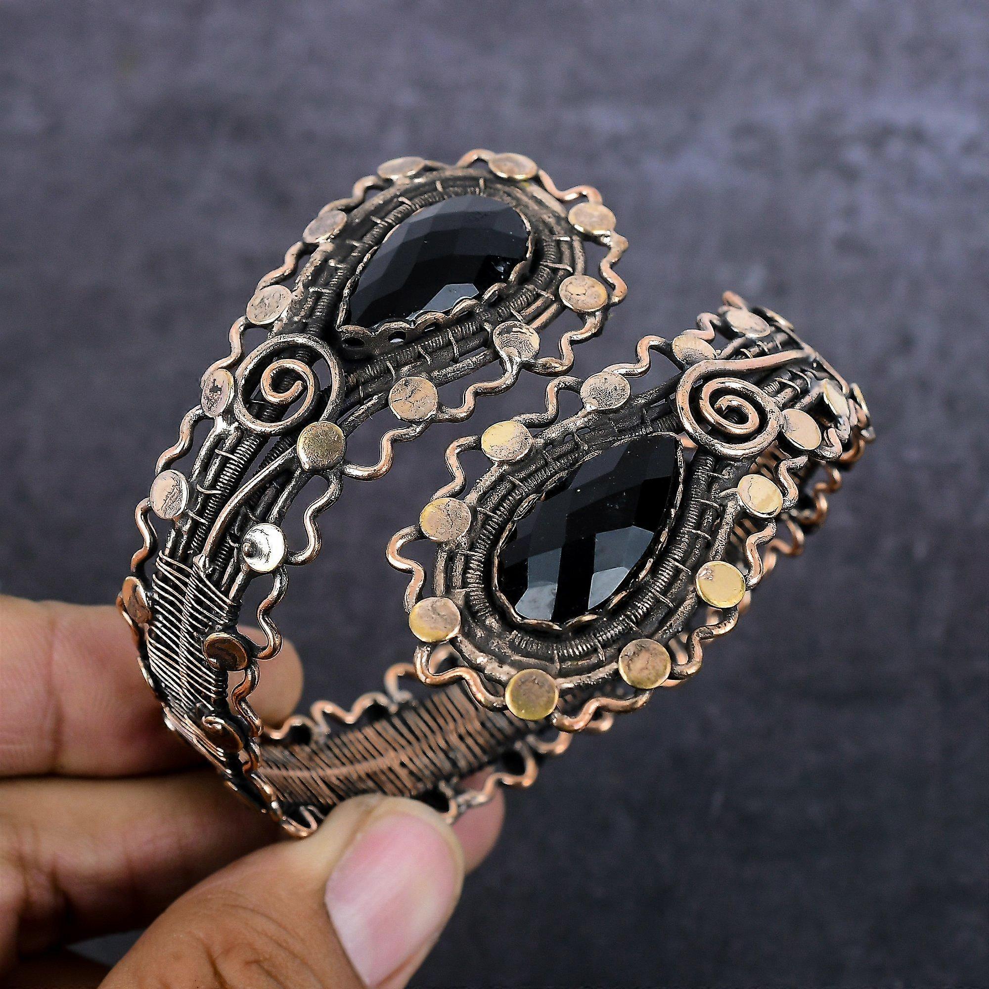 Natural Black Spinel Gemstone Copper Wire Wrap Cuff Bangle Adjustable E0p58