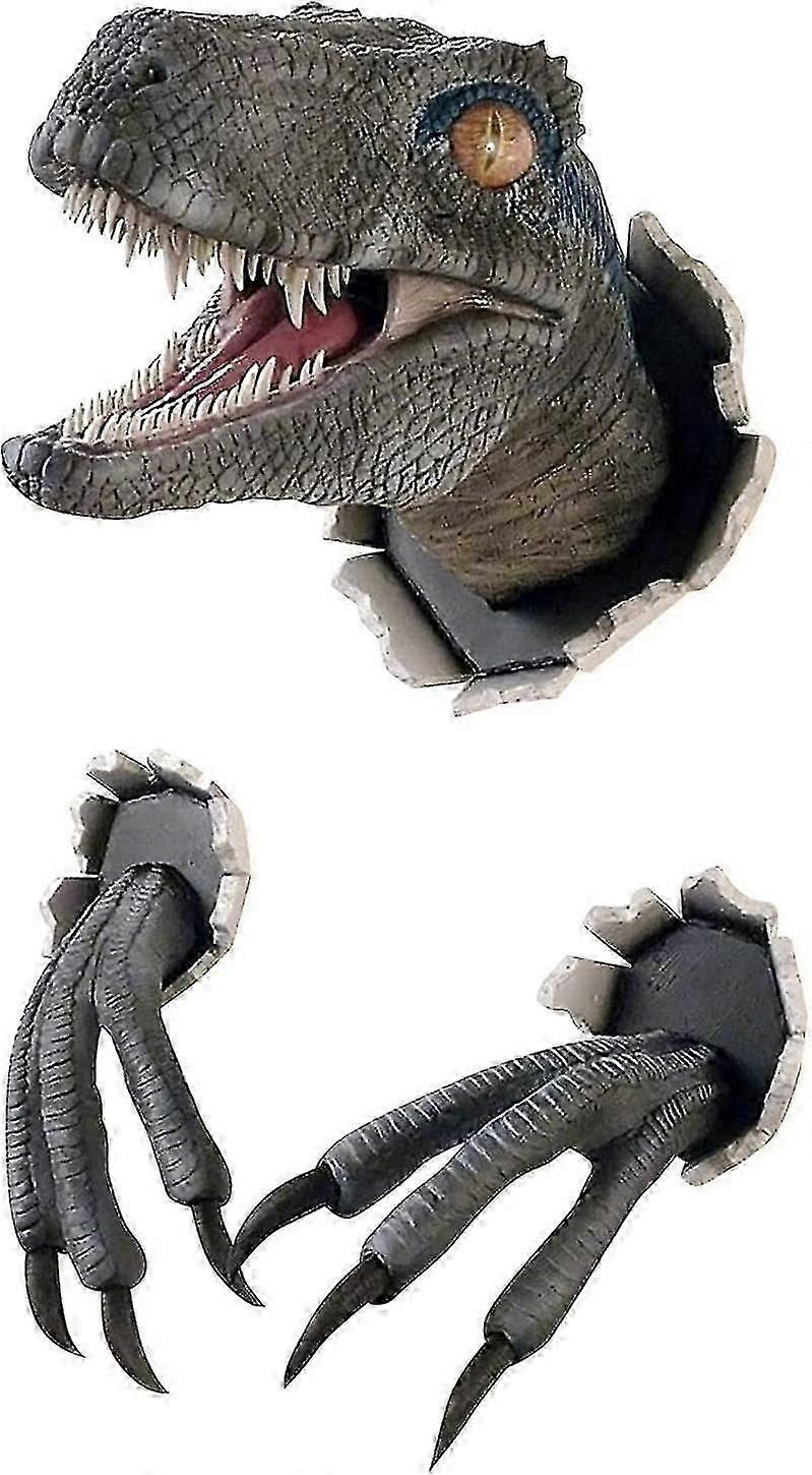 Wall-mounted Dinosaur Resin Sculpture Wall-broken Dinosaur Head With Claw Props Replica Set,3d Dinosaur Statue Blue