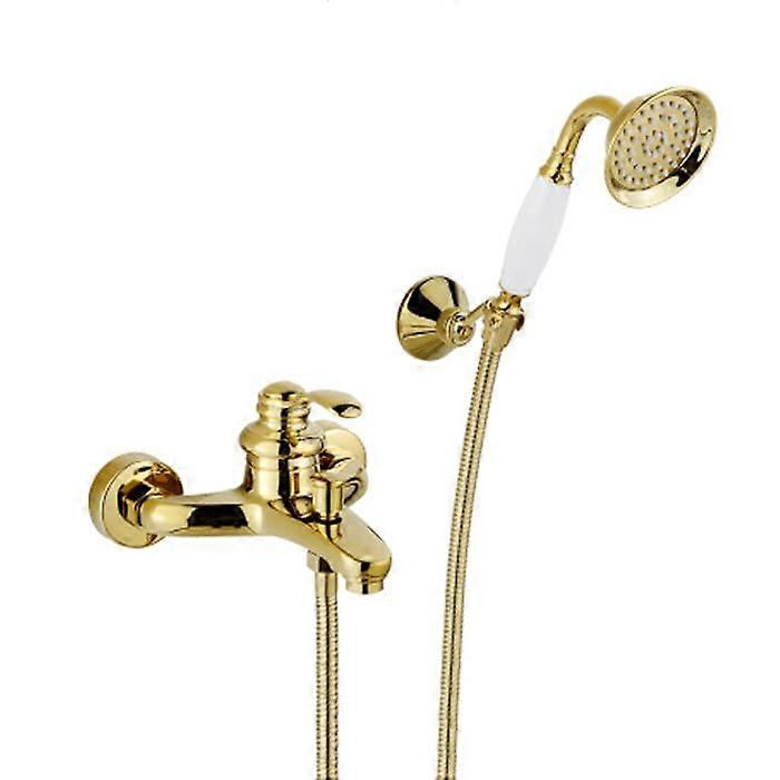 Shower mixer set, wallmounted, singlelever bathtub faucet, retro hand shower set in brass with 1.5 m shower hose, gold.