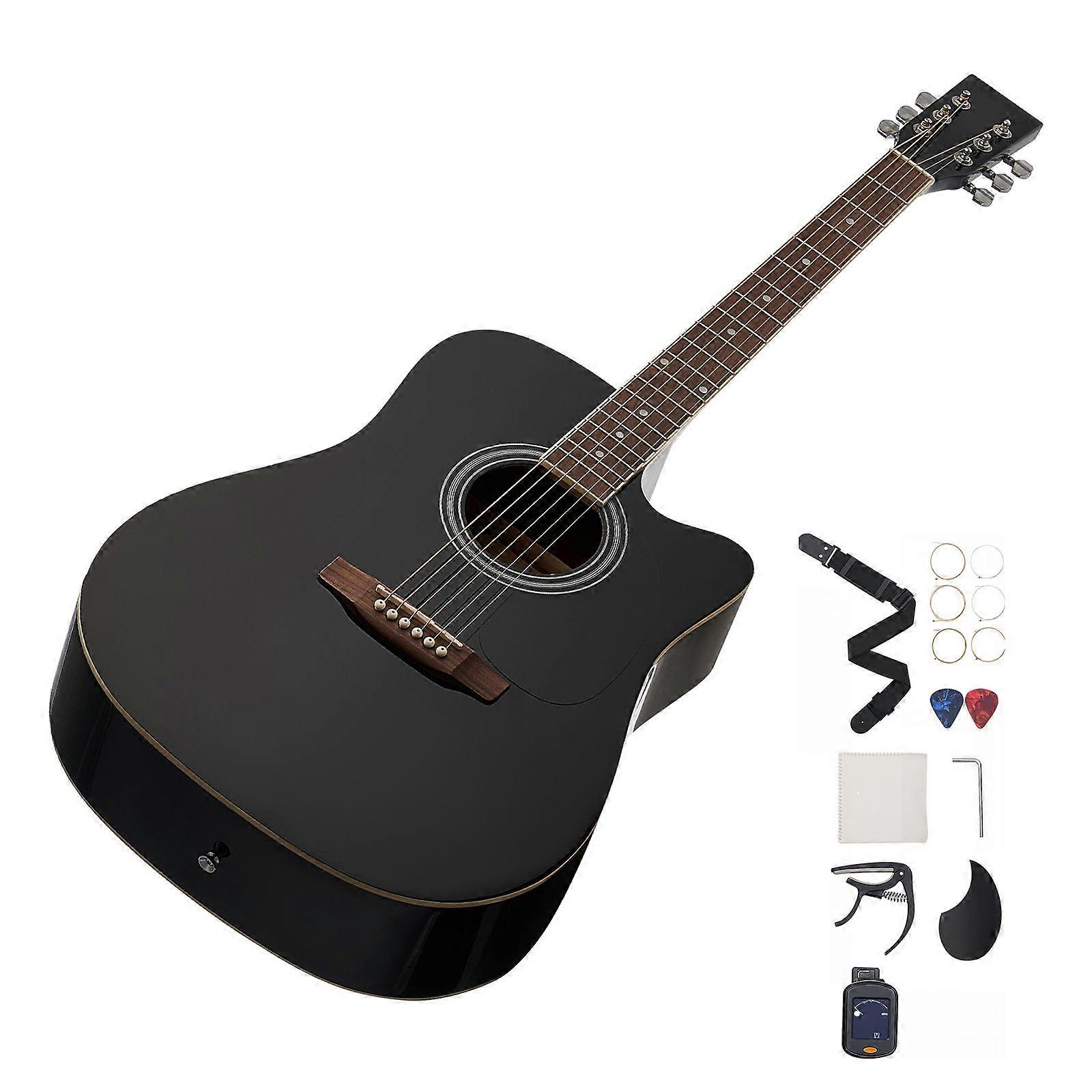 Cutway Acoustic Guitar, 1041.4 mm, 6-String Black Solid Spruce Top Guitar, Beginner Bundle with Gig Bag, Tuner, Strap, Strings