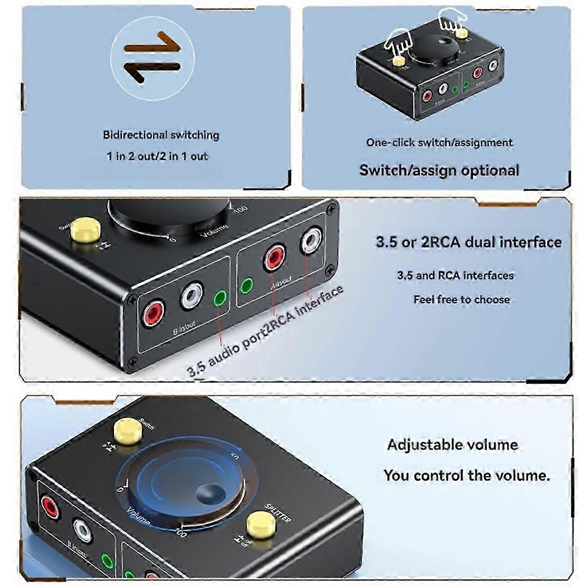 3.5mm Audio Switch - Bidirectional 1-in-2-out or 2-in-1-out Splitter Switcher
