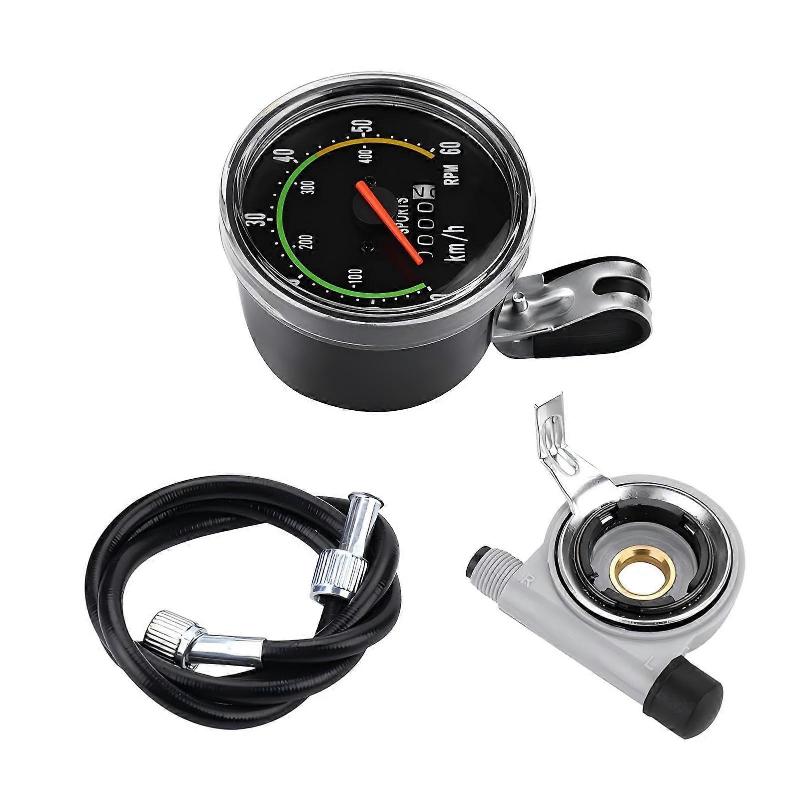 Mechanical Bicycle Speedometer 060 Km/h Range, Aluminum Alloy, Red Pointer, Handlebar Mount, Speed Sensor, Black