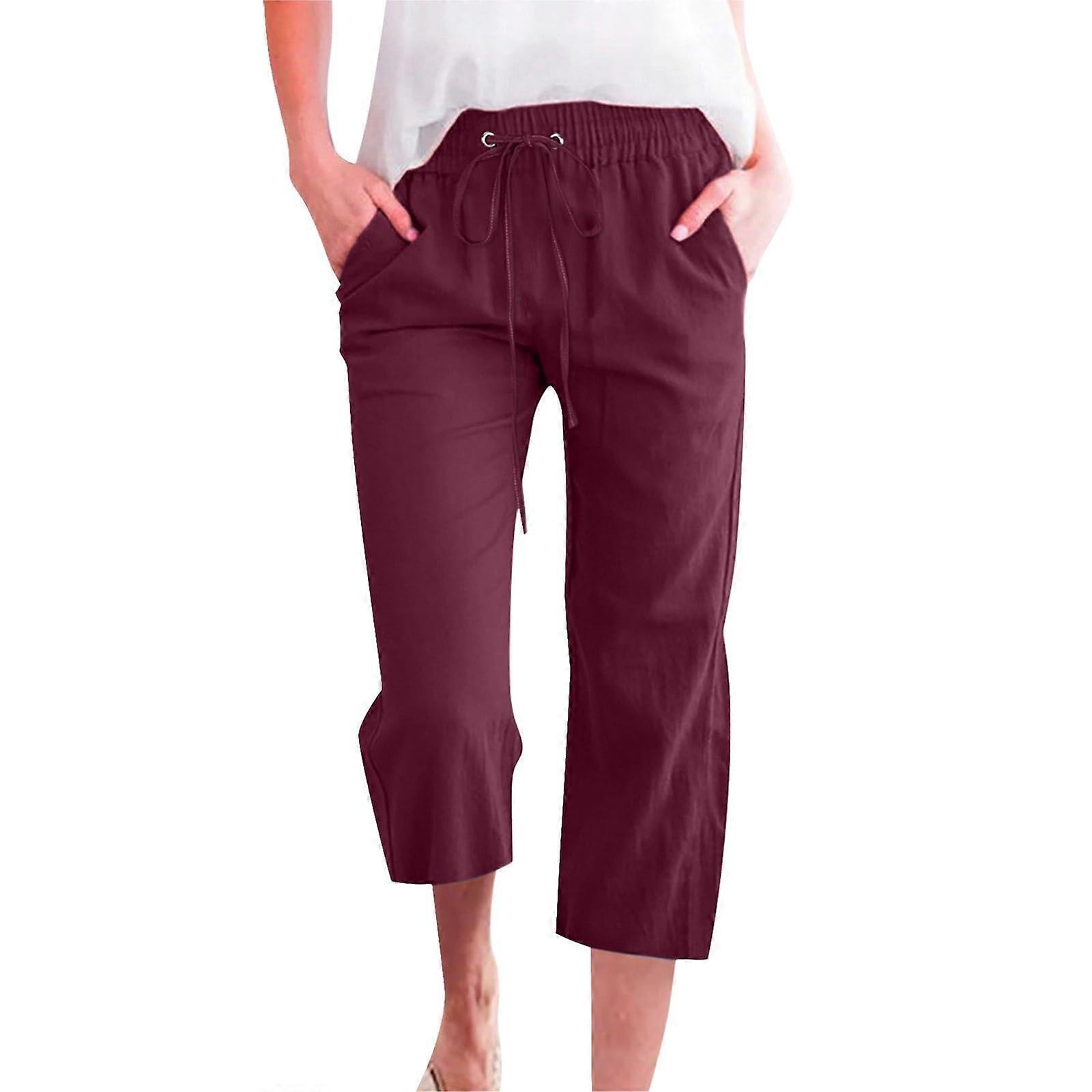 Women Fashion Waisted Wide Leg Pants Drawstring Elastic Trousers Pockets Work Out Pants Wine Color M