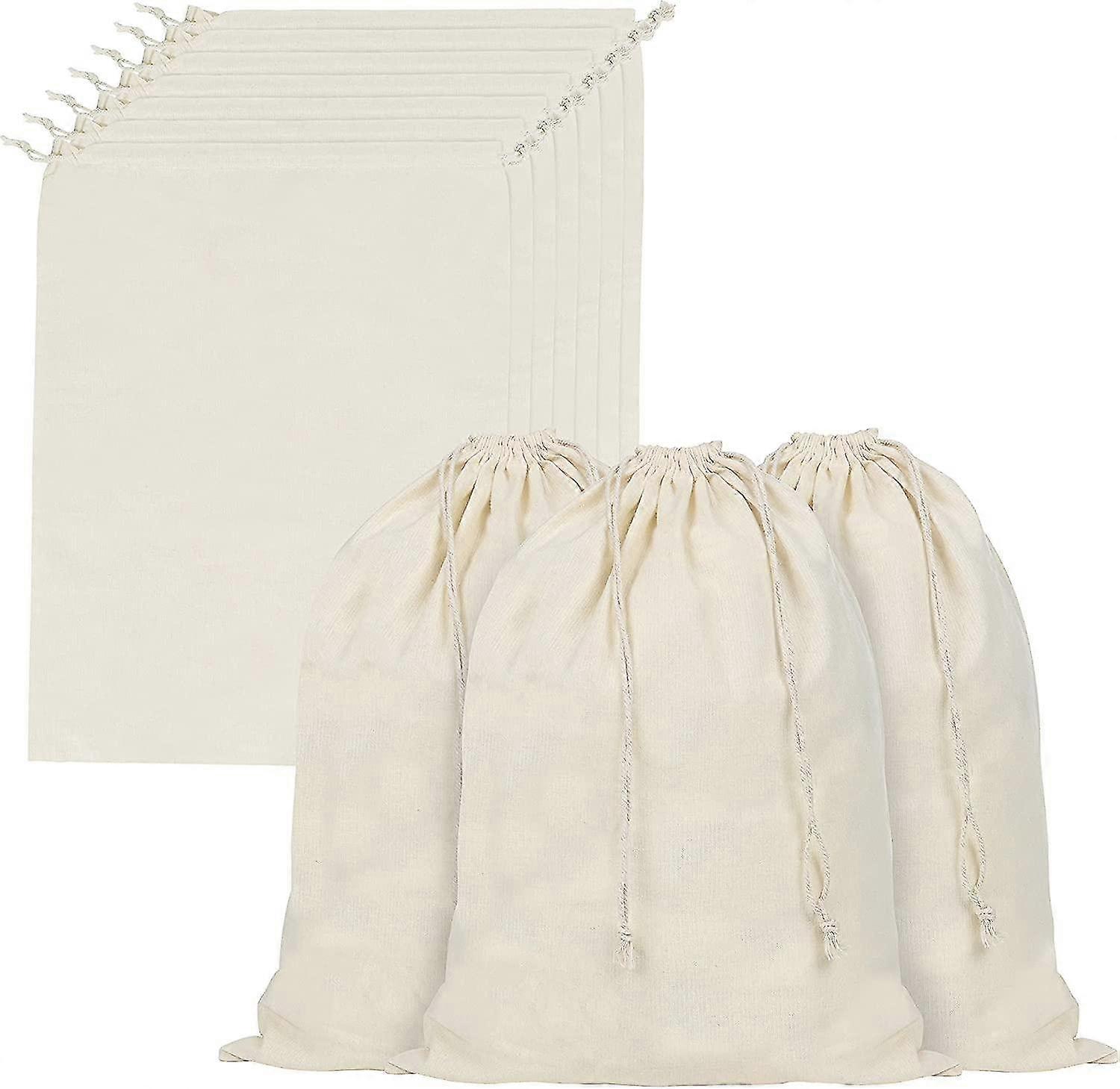 10 Muslin Cotton Drawstring Bag with Sliding Handles (Pack of 10) - Fabric Pouch L30 x H40 cm - Reus