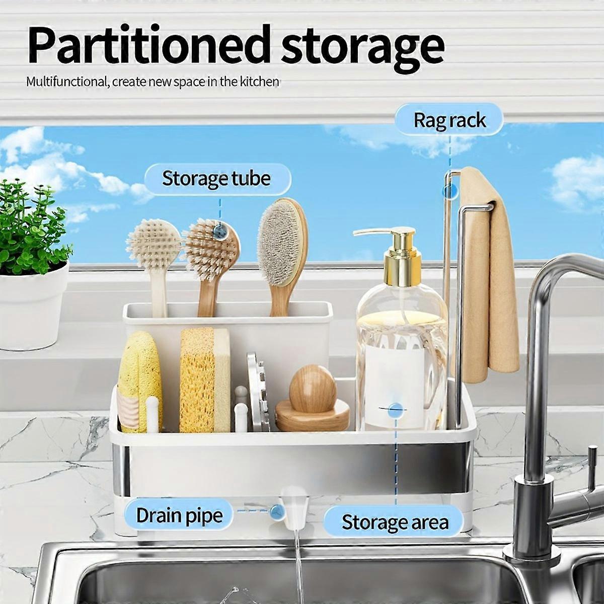 Stainless Steel Sponge Rack with Drain - Multi-Functional Kitchen Bath Storage Box for Cleaning Supp
