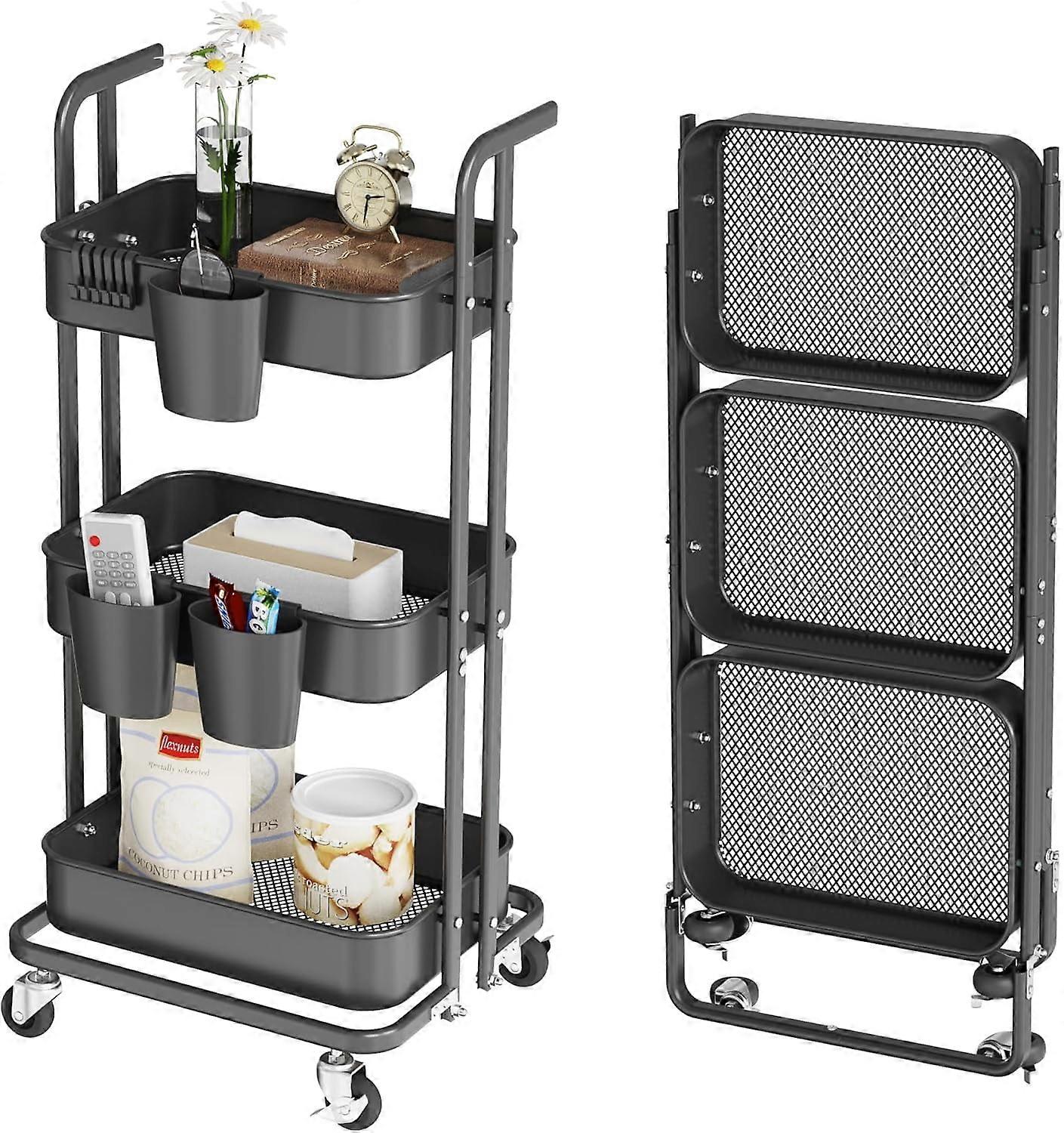 3-Tier Foldable Rolling Cart with Lockable Wheels, 3 Baskets & 6 Hooks for Home & Office Use, Black