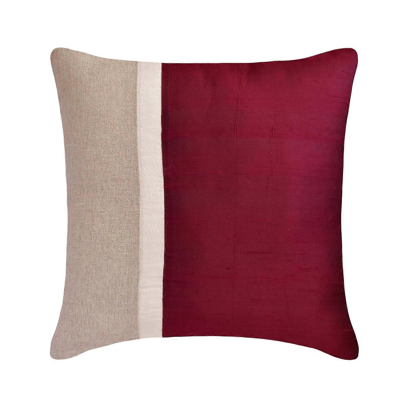 HomeCentric Decorative Cranberry 12"x12" Throw Pillows, Silk & Linen Patchwork, Colorblock Couch Pillow - Solid Modern Style