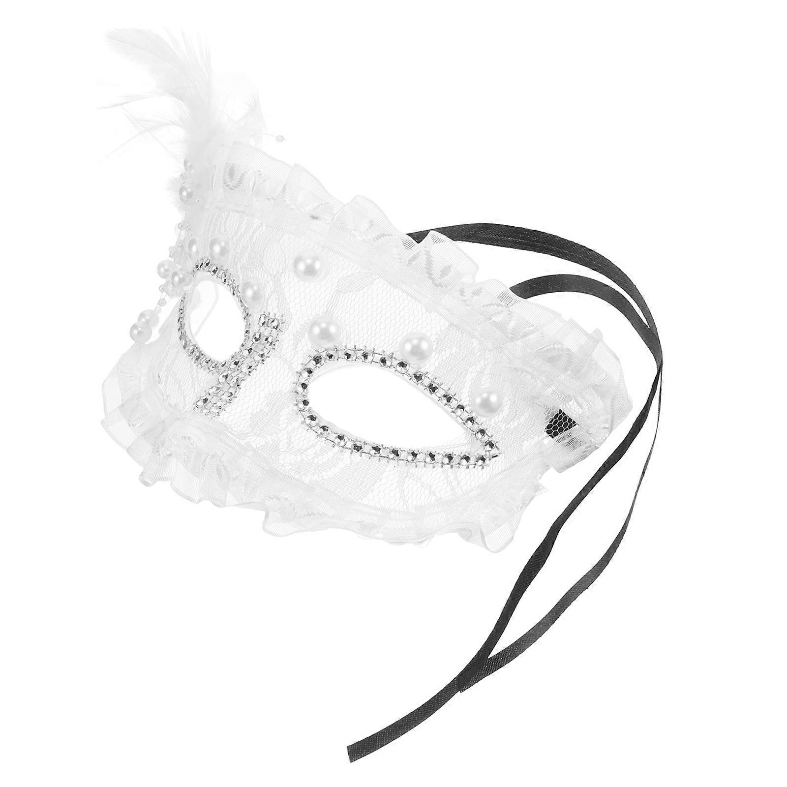 Masquerade Mask Half Face White with Plume for Costume Parties 5Pcs Set