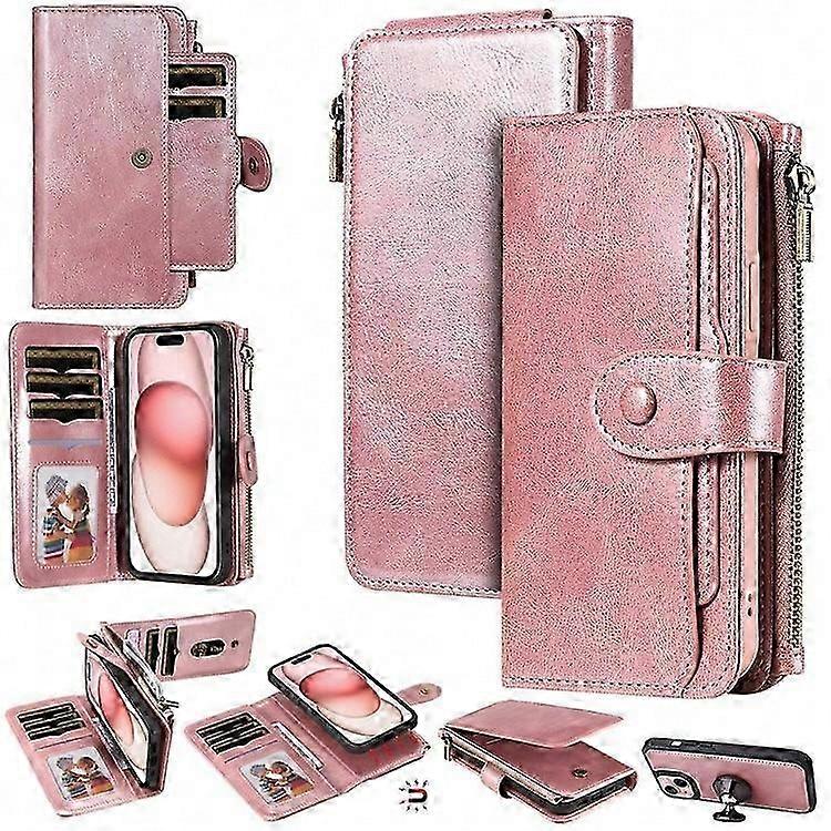 KT Multi-functional Series-3 Compatible For iPhone 15 Wallet Case Vintage PU Leather Zipper Pocket Phone Cover