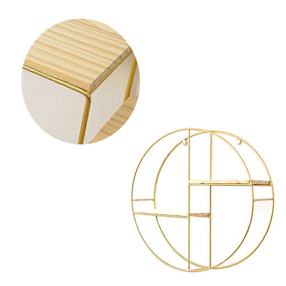 Storage Rack Nordic Style Minimalist Round Shape Wall Hanging Shelf Golden 37 x 37 x 11 Cm Wrought Iron Double Layer Home Decoration 1Set