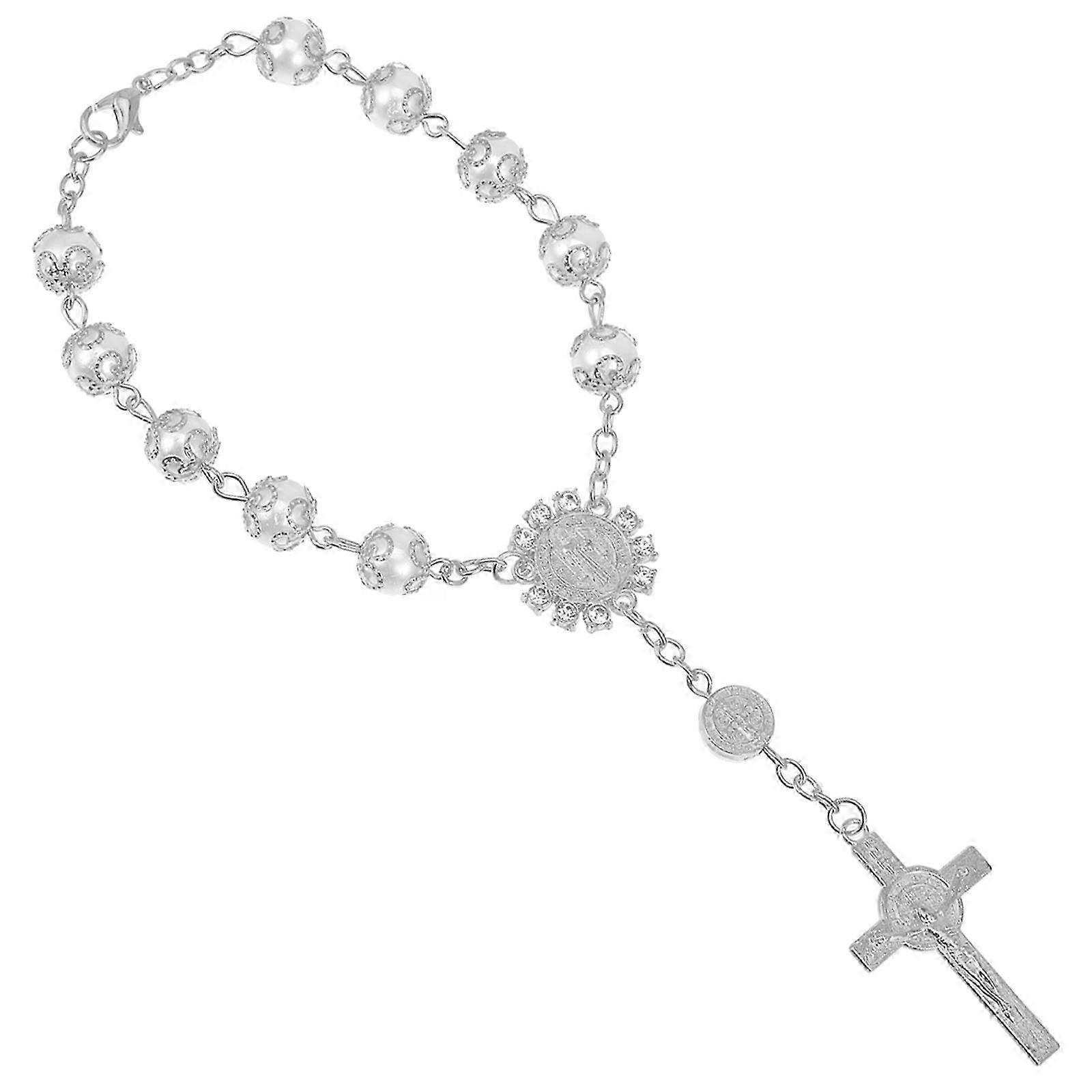 Silver Lace Pearl Car Rosary Pendant Cross Chain Hanging Ornament For Rearview Mirror And Auto Decoration Easy Install Luxury Accessory