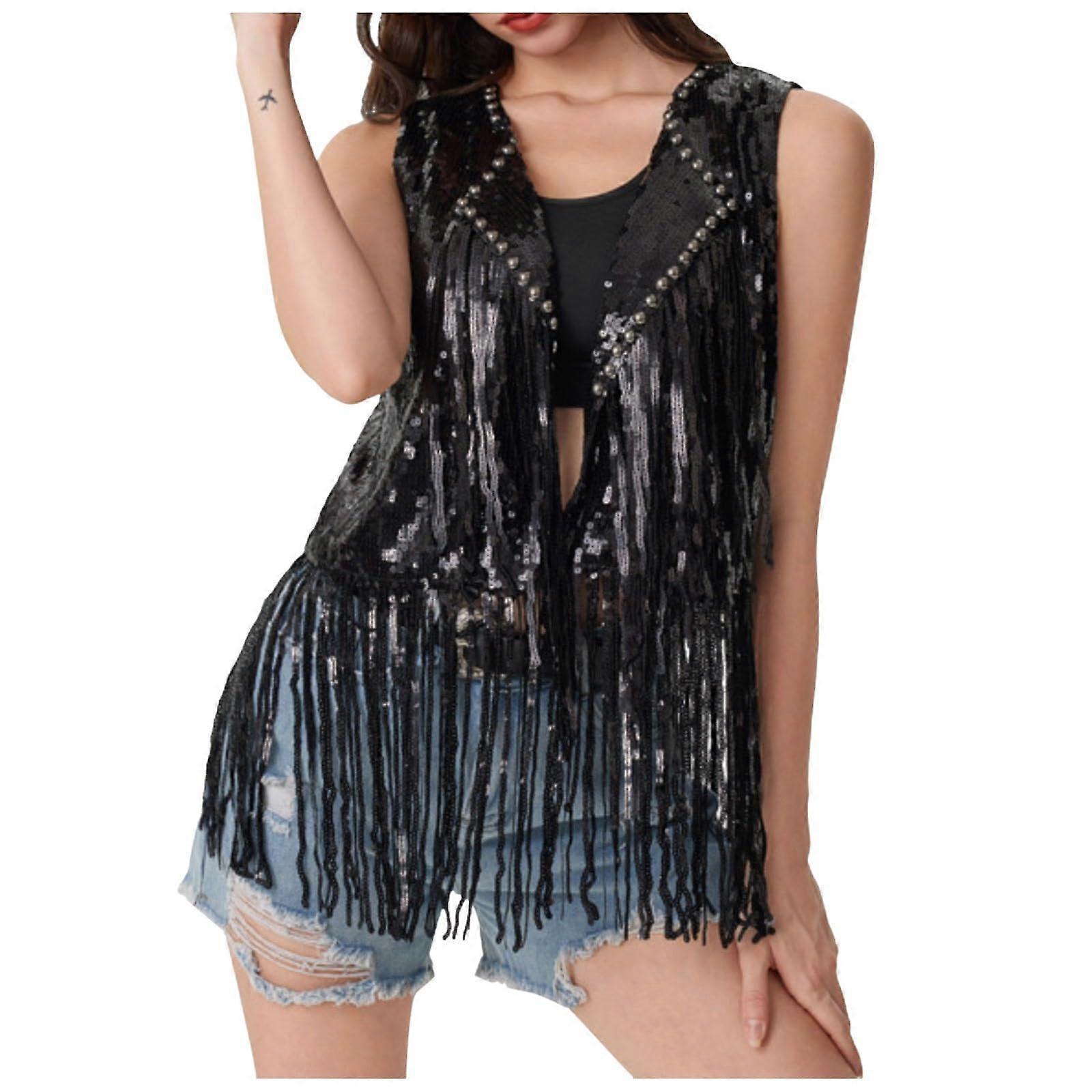 Sequin Women's Lightweight Sleeveless Glitter Vest Front Open Fringe Glitter Jacket Clubwear Hiphop Black Size S