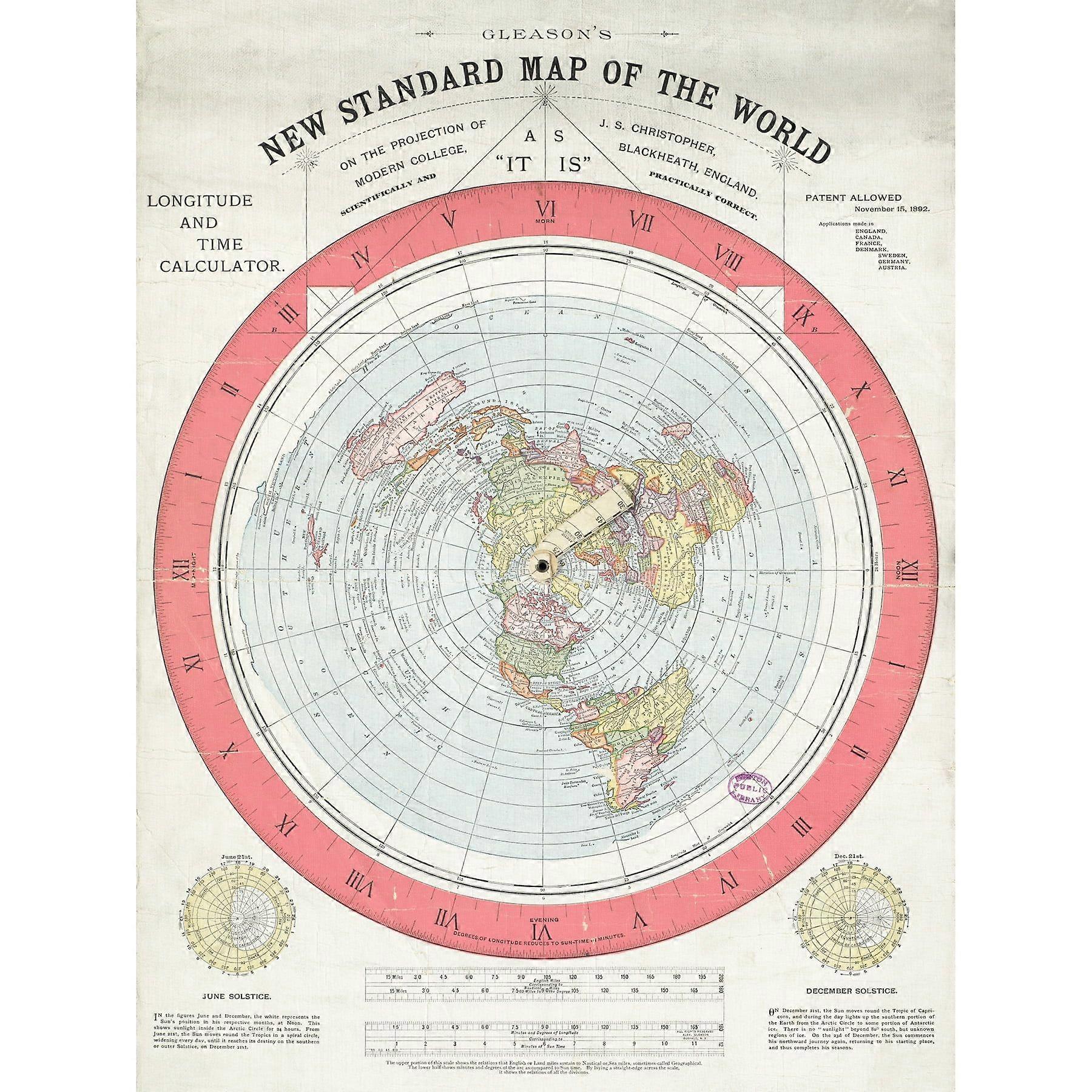 Map Gleason 1892 World Time Calculator Flat Earth Extra Large  Wall Art   Print-yezhiaaa510