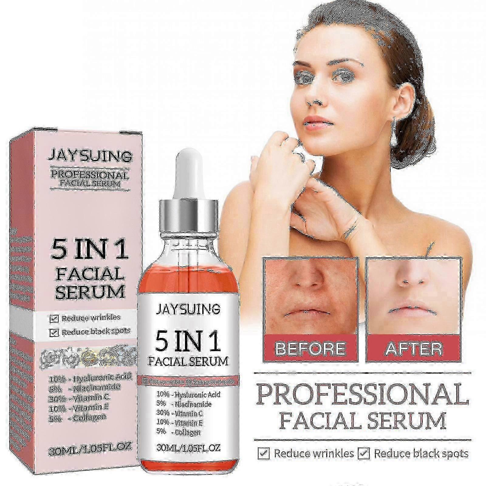 Jaysuing 5-in-1 תמצית פנים מעניקה לחות לעור, נגד קמטים, ממצקת, מטשטשת כתמים, אקנה, מזינה ומייפה את העור