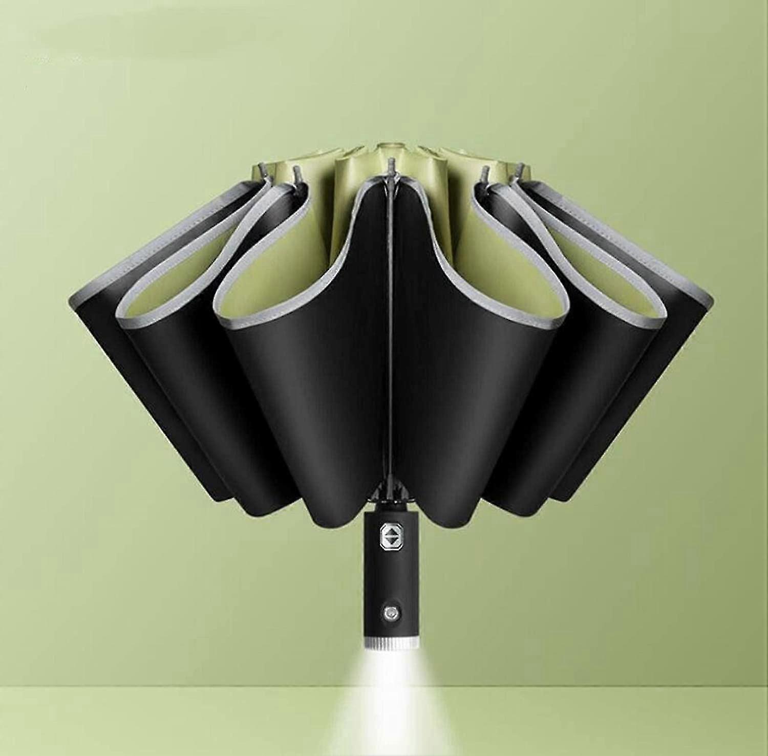 Automatic Opening And Closing Inverted Three-fold Folding Umbrella Reflective Side With Flashlight