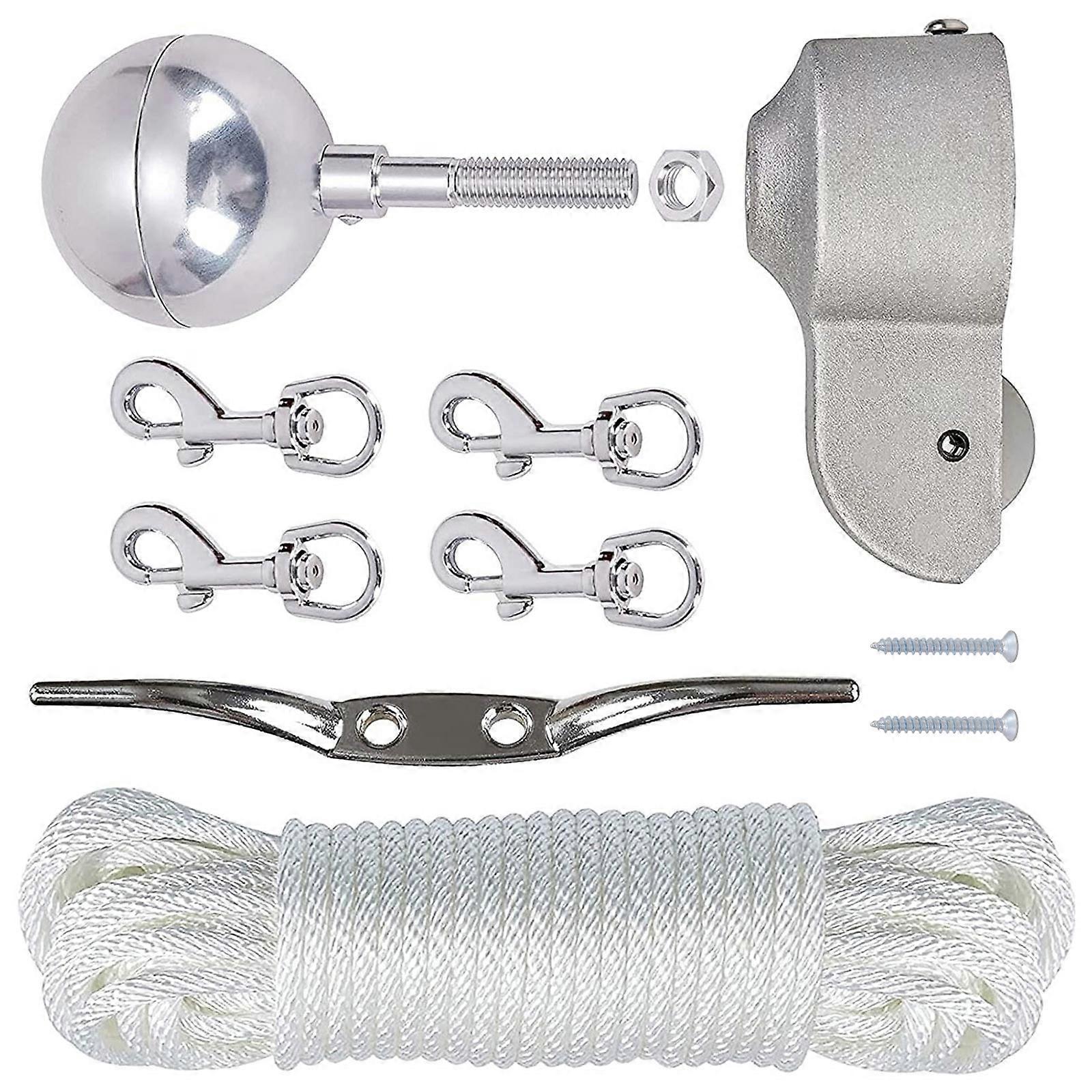 Flagpole Mounting Set System 3Inch Aluminum Ball Lock Nut And 2Inch Truck With Nylon Pulley For Smooth Rope Operations  White