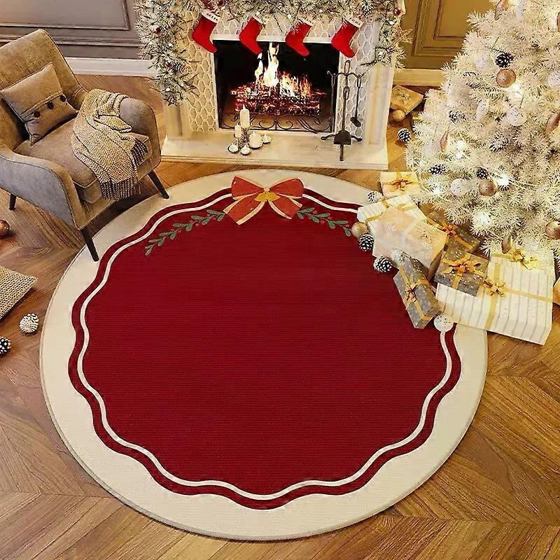 Christmas Red And White Round Carpet With Three-Dimensional Embroidery For Anti-Slip Short Pile Festive Decoration