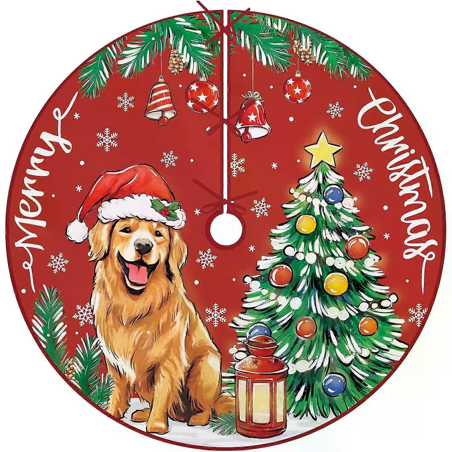 Saia de árvore de Natal artificial vermelha com filhote de Golden Retriever e chapéu de Papai Noel.