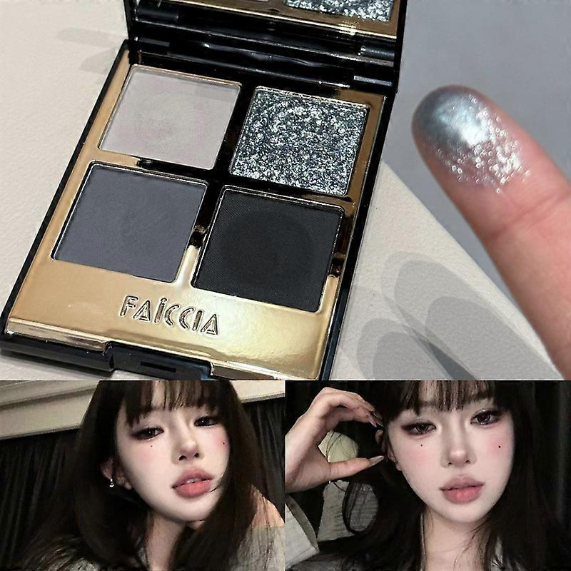 Four-color eyeshadow palette featuring shimmery pearlescent pink-brown and earthy tones, with smoky matte and highlighting shades.