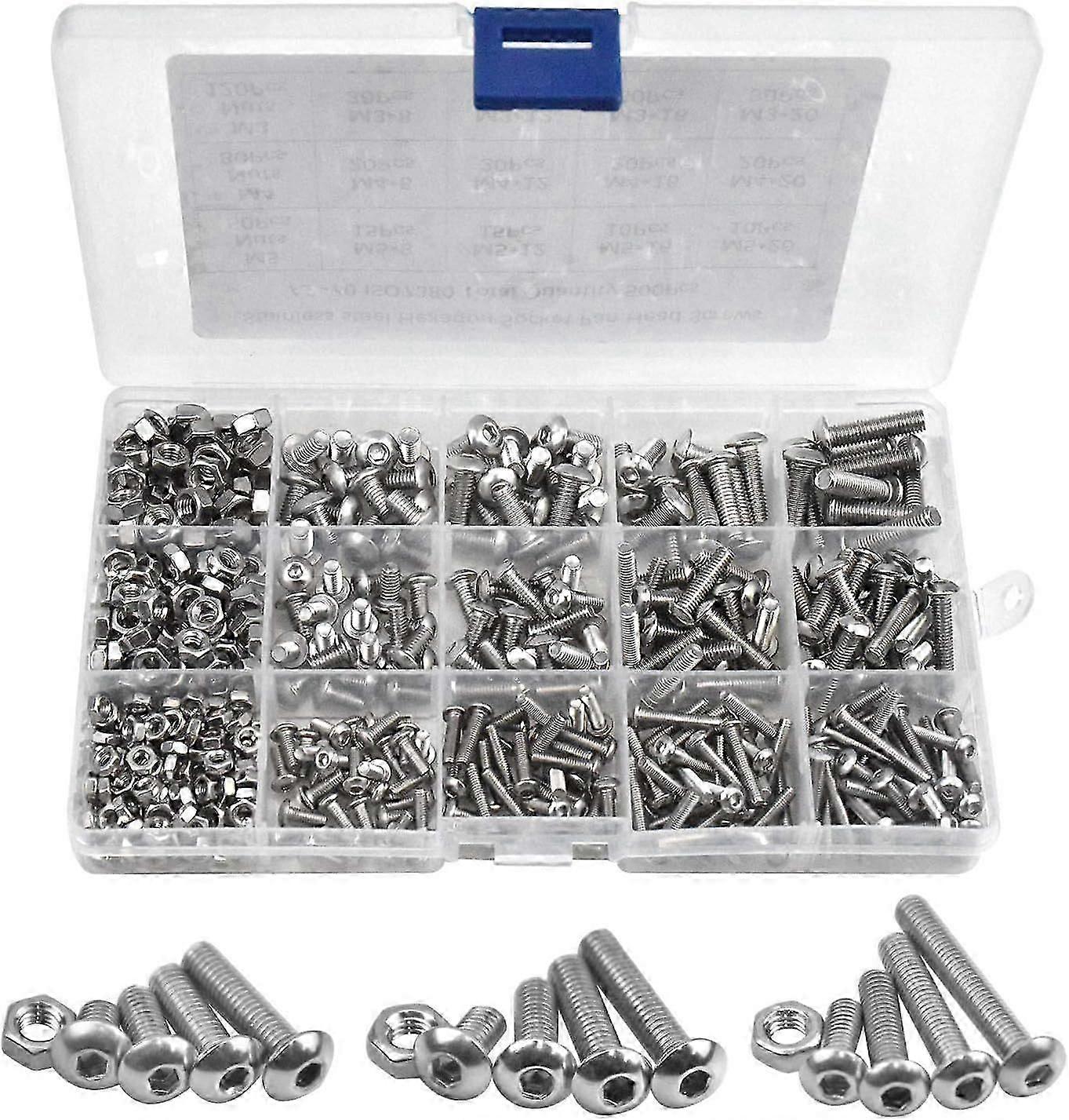 500 Pcs Bolts and Nuts, M3 M4 M5 Round Hexagon Socket Head Cap Screws, 8mm-20mm