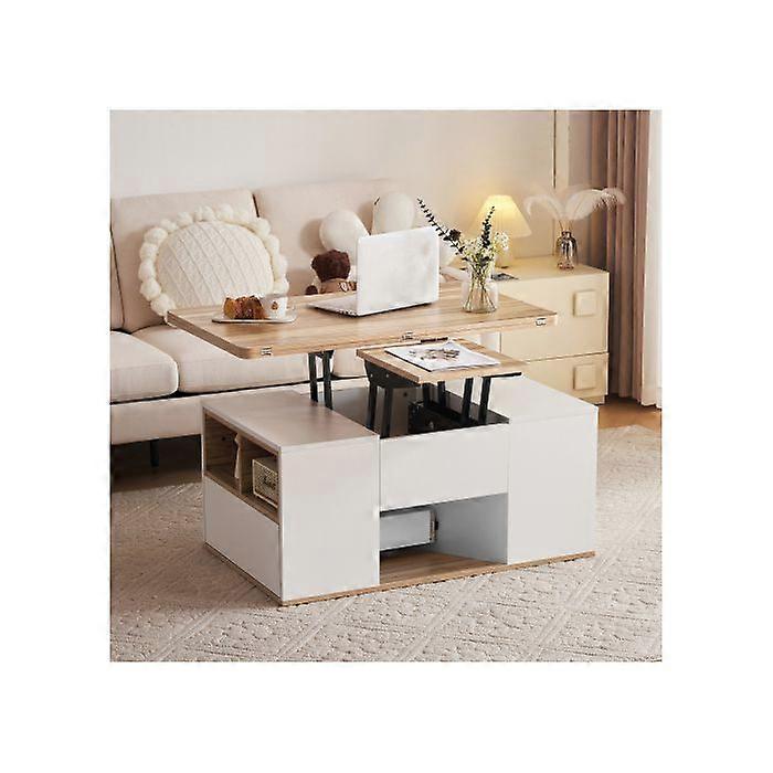 White oak storage coffee table with two drawers and a height-adjustable tabletop, suitable as a sofa-side side table