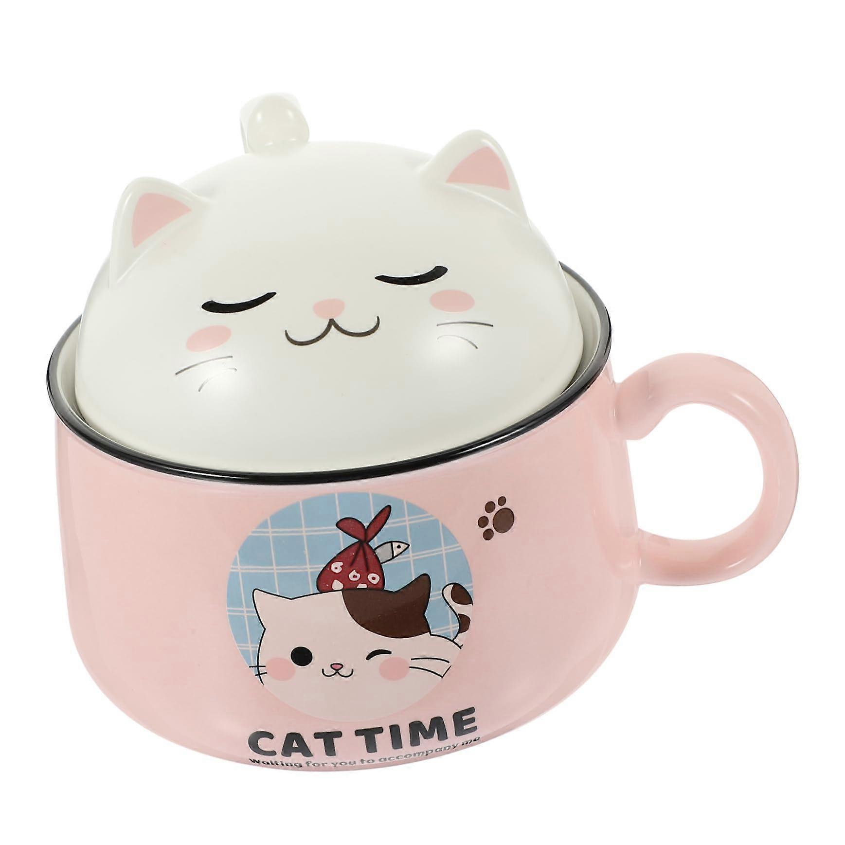 Cat Ramen Bowl with Lid Ceramic Japanese Noodle Bowl with Handle Large Cute Cat Design for Soups