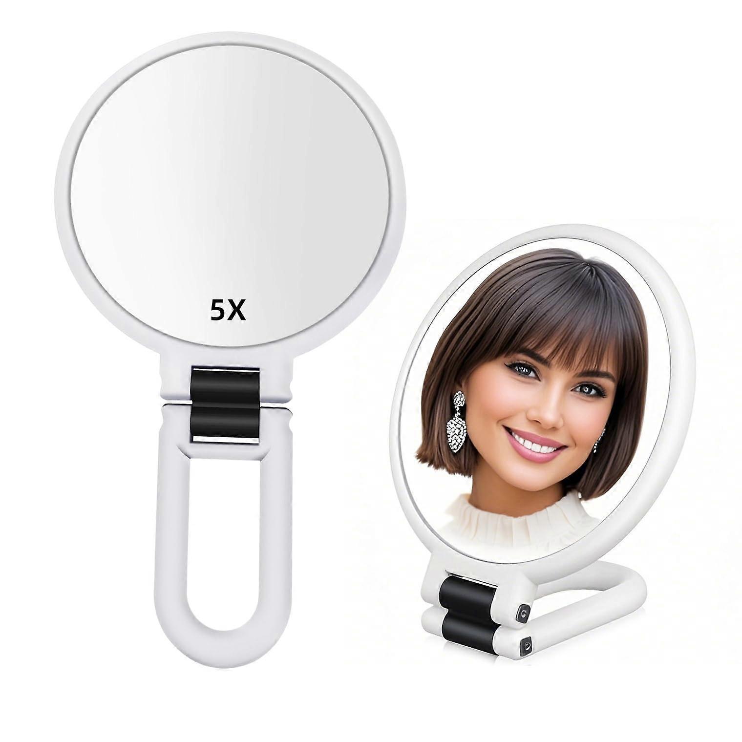 1X 5X DoubleSided Handheld Magnifying Mirror, 360° Rotatable Folding Handle, Travel Makeup Mirror (White)