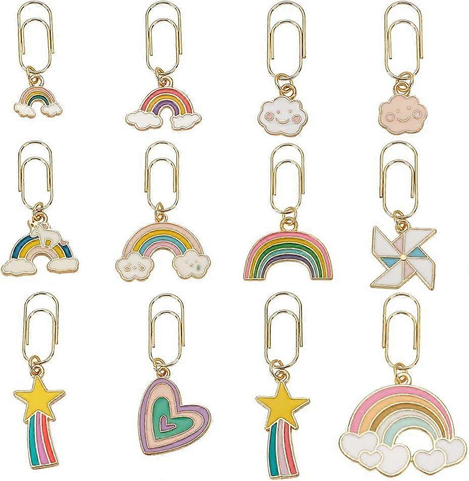 12Pcs Rainbow Theme Paperclips 1.3~1.9 Inch Metal Paper Clip with Alloy Enamel Heart Cloud Pendant Paperclip Bookmark for Paper Document Note Sorting 