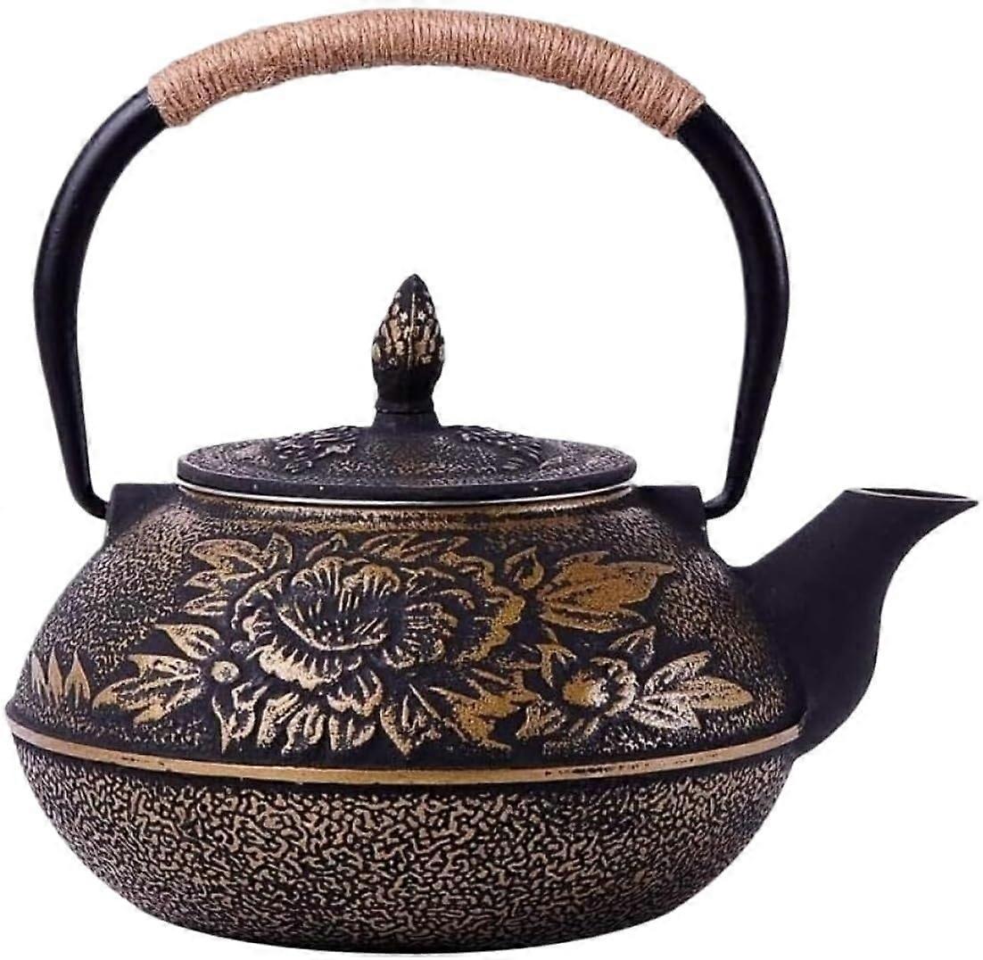 Japanese Cast Iron Teapot 0.9L with Peony Design,  Heat Retention, Durable Handle