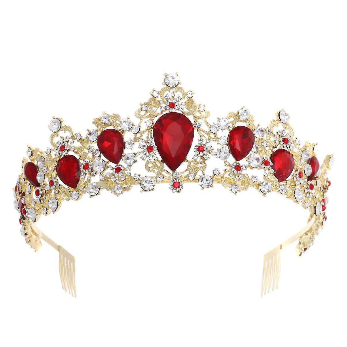 Red Rhinestone Wedding Tiara for Bride with Secure Side Combs and Lightweight Comfort