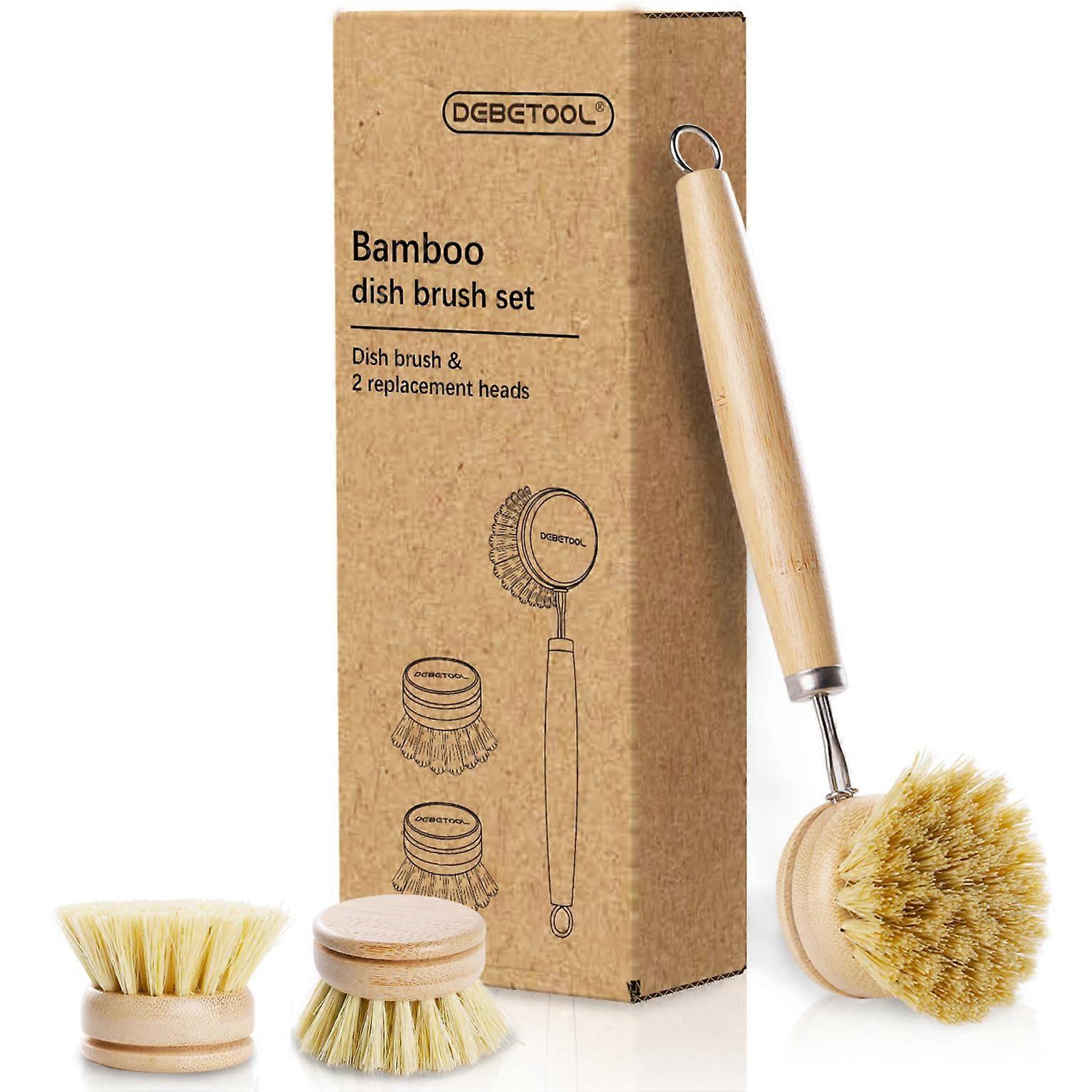Bamboo Dish Brush Set with Ergonomic Grip, Replaceable Heads, Eco Friendly for Pots and Pans