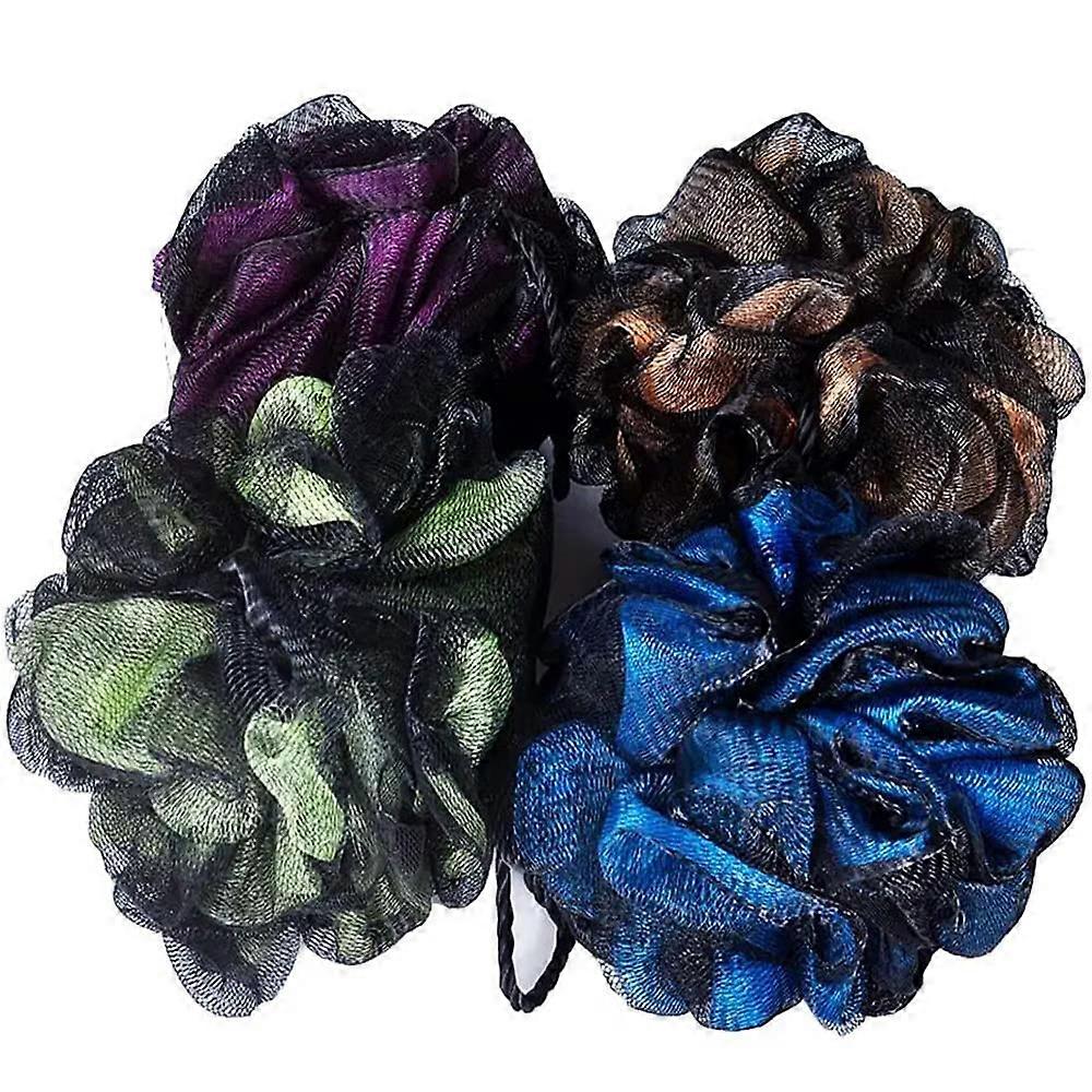 Shower Loofah Bath Sponge Set 4 Pack Flower Shape Double Layer Soft Mesh with Hanging Loop
