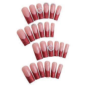 Pink Press On Nails with Red Glitter, Long Glossy Resin Fake Nails for Stage Performance
