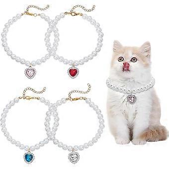4Pcs Pearl Pet Collar Heart Rhinestone Pendants Collars Pearl Round Beads Pet Collar Adjustable Wedding Party Pets Jewelry Accessories