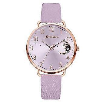 Ladies Moon Pattern Dial PU Strap Quartz Watch, Color: Purple