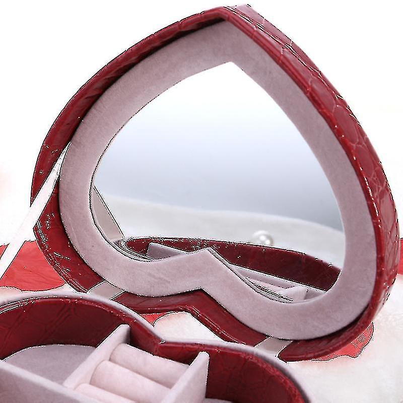 Pu Leather Heart Shaped Two-layer Jewelry Box Storage Case Organizer Holder With Mirror (red)