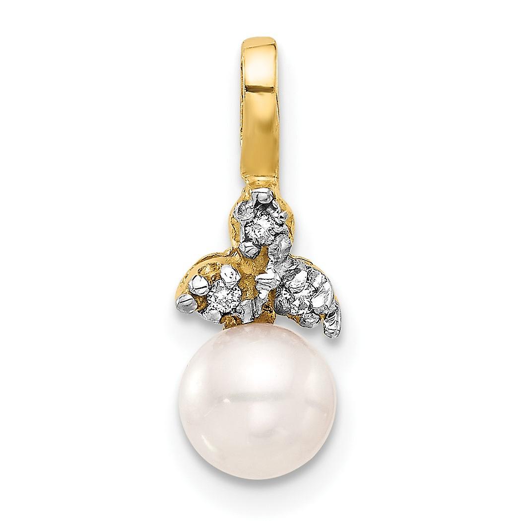 14k Solid Gold 6 7mm Round White Freshwater Cultured Pearl and .03ct. Diamond Pendant Necklace-Pendant for Women