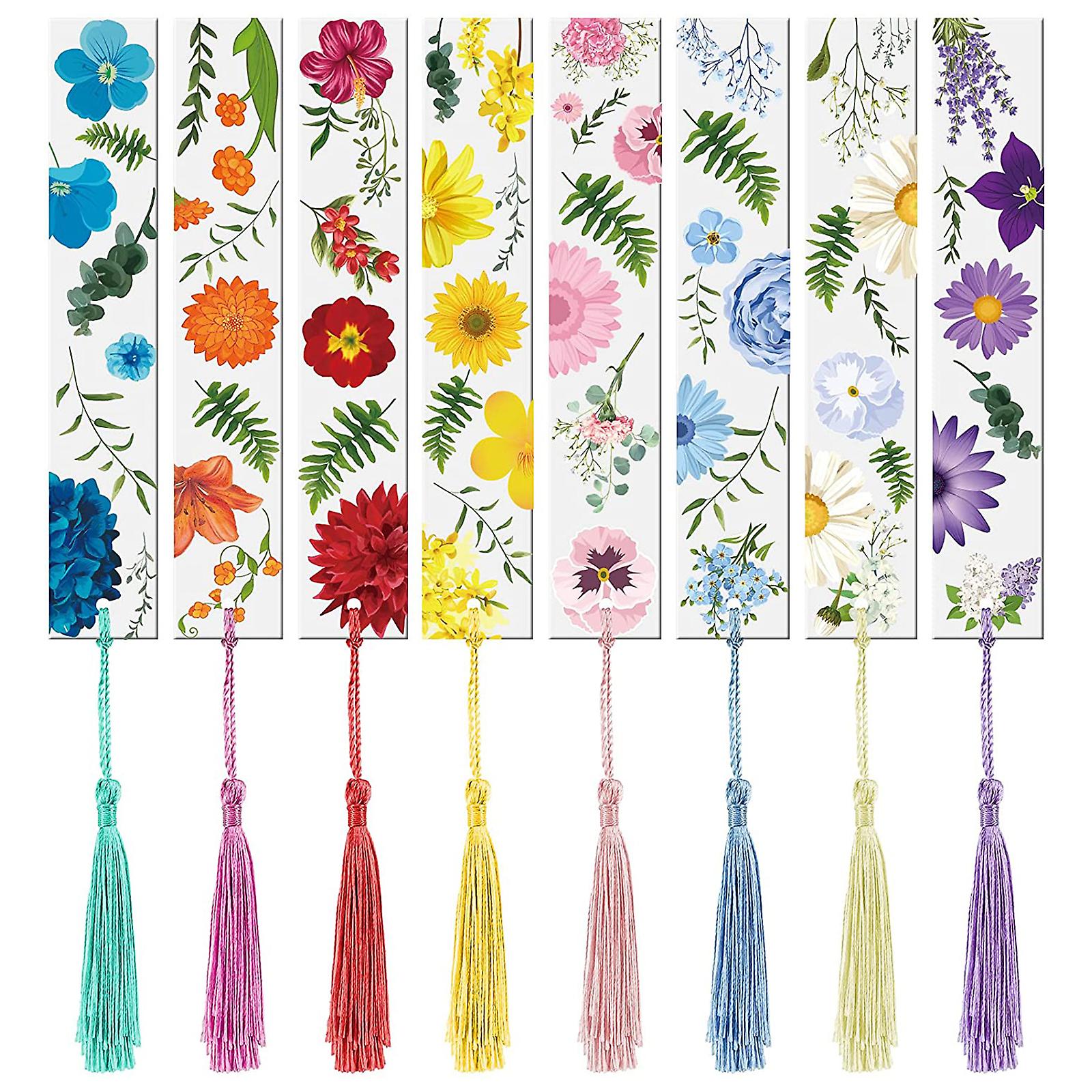 8PC Colorful Flower Acrylic Bookmarks Transparent Floral Page Marker with Tassel