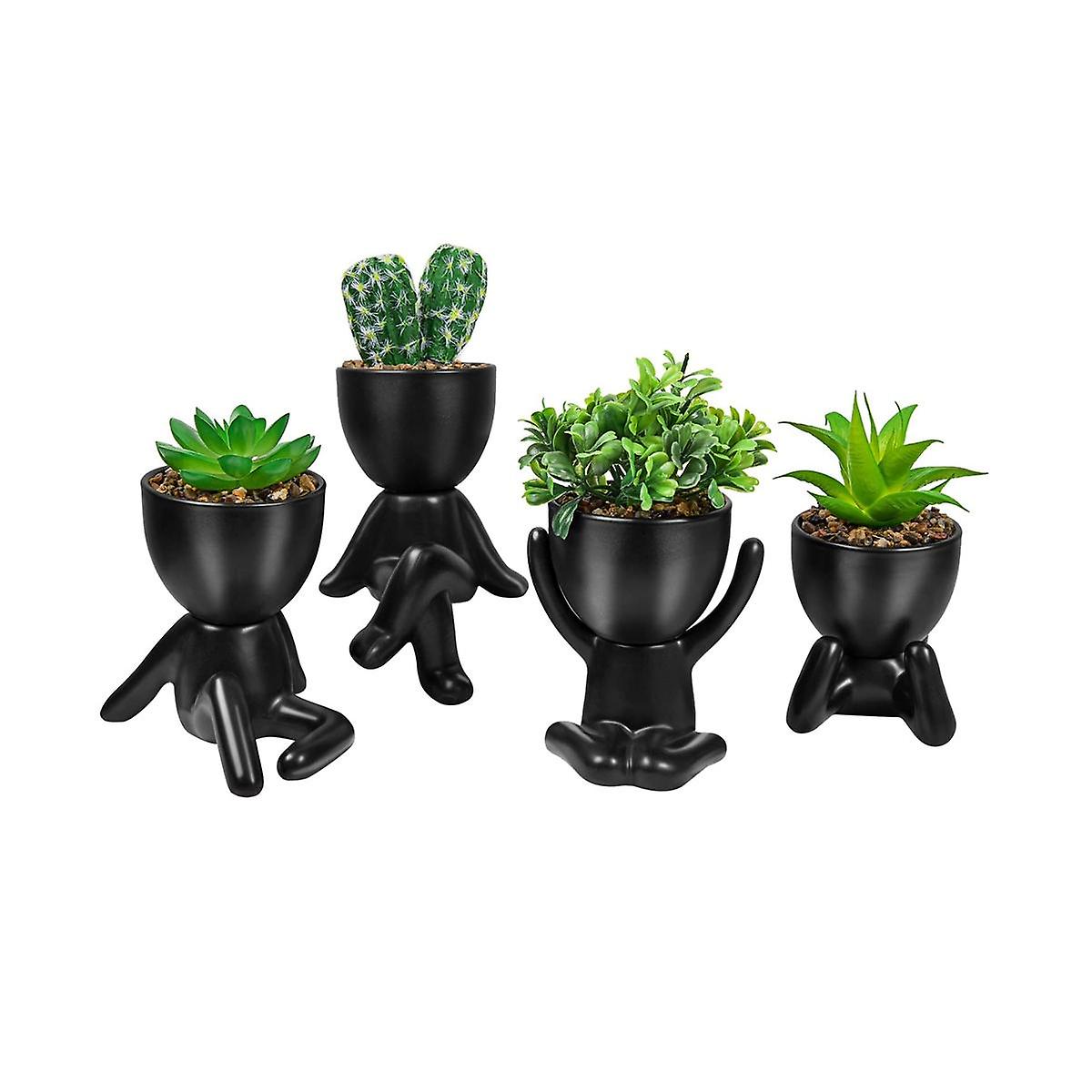 4PCS Artificial Succulent Planters, Mini Potted Ceramic Succulent Decor, Human Shaped Black Pots Sm